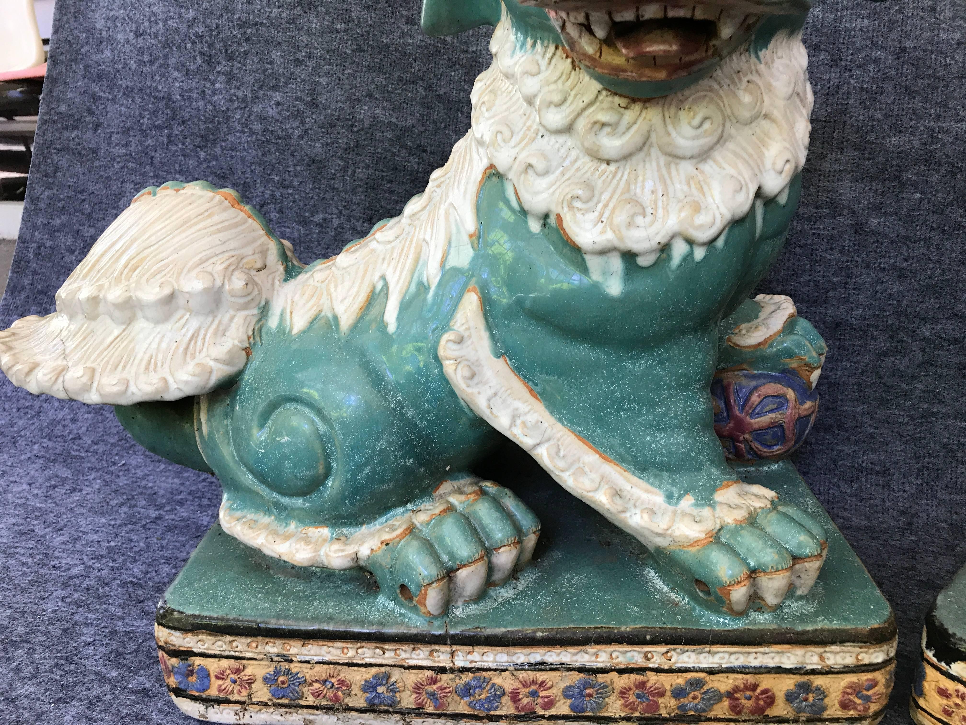 1970s Large Terracotta Turquoise and White Foo Dog Sculpture Statues, Pair In Good Condition In Richmond, VA