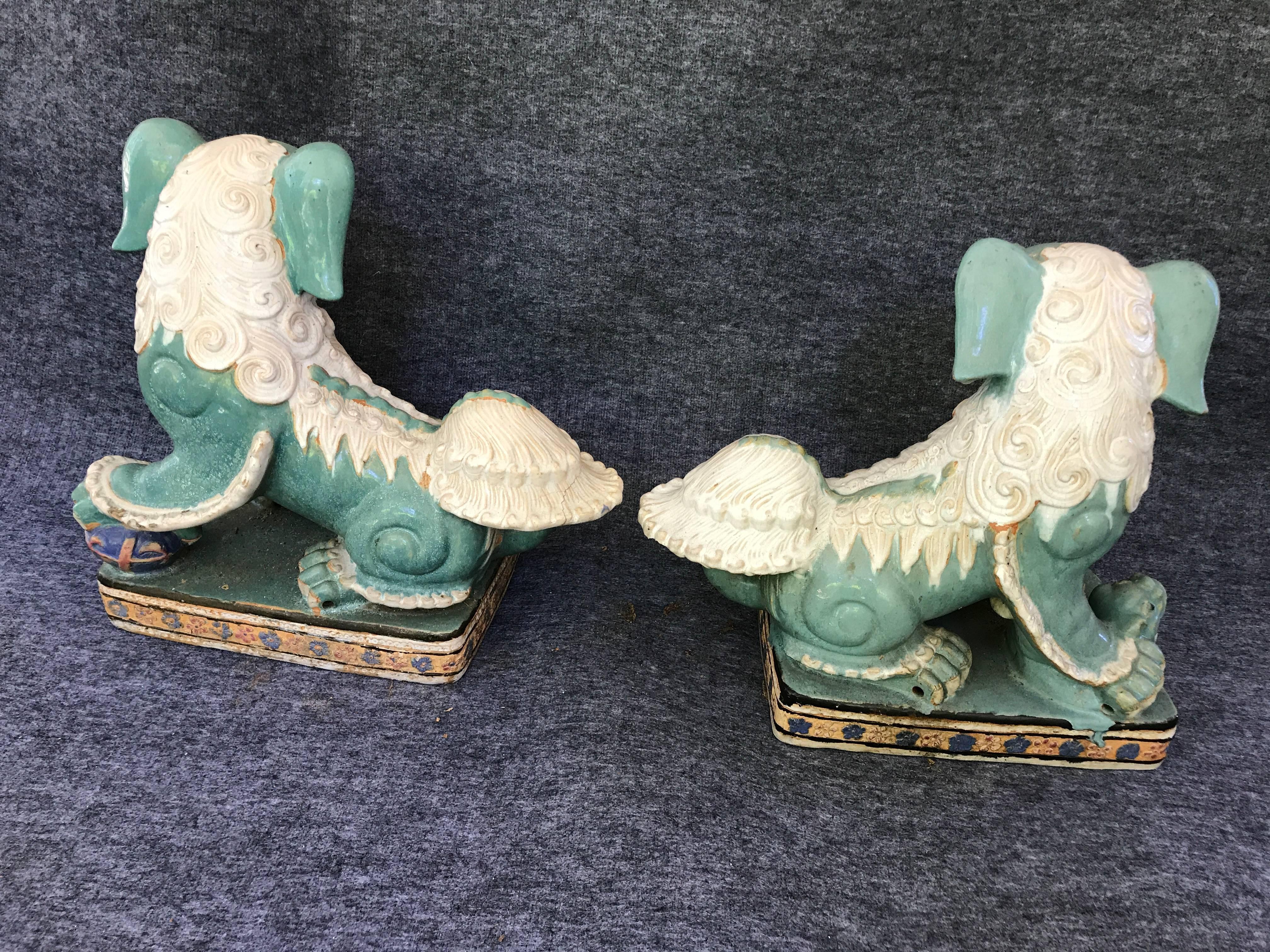 1970s Large Terracotta Turquoise and White Foo Dog Sculpture Statues, Pair 2