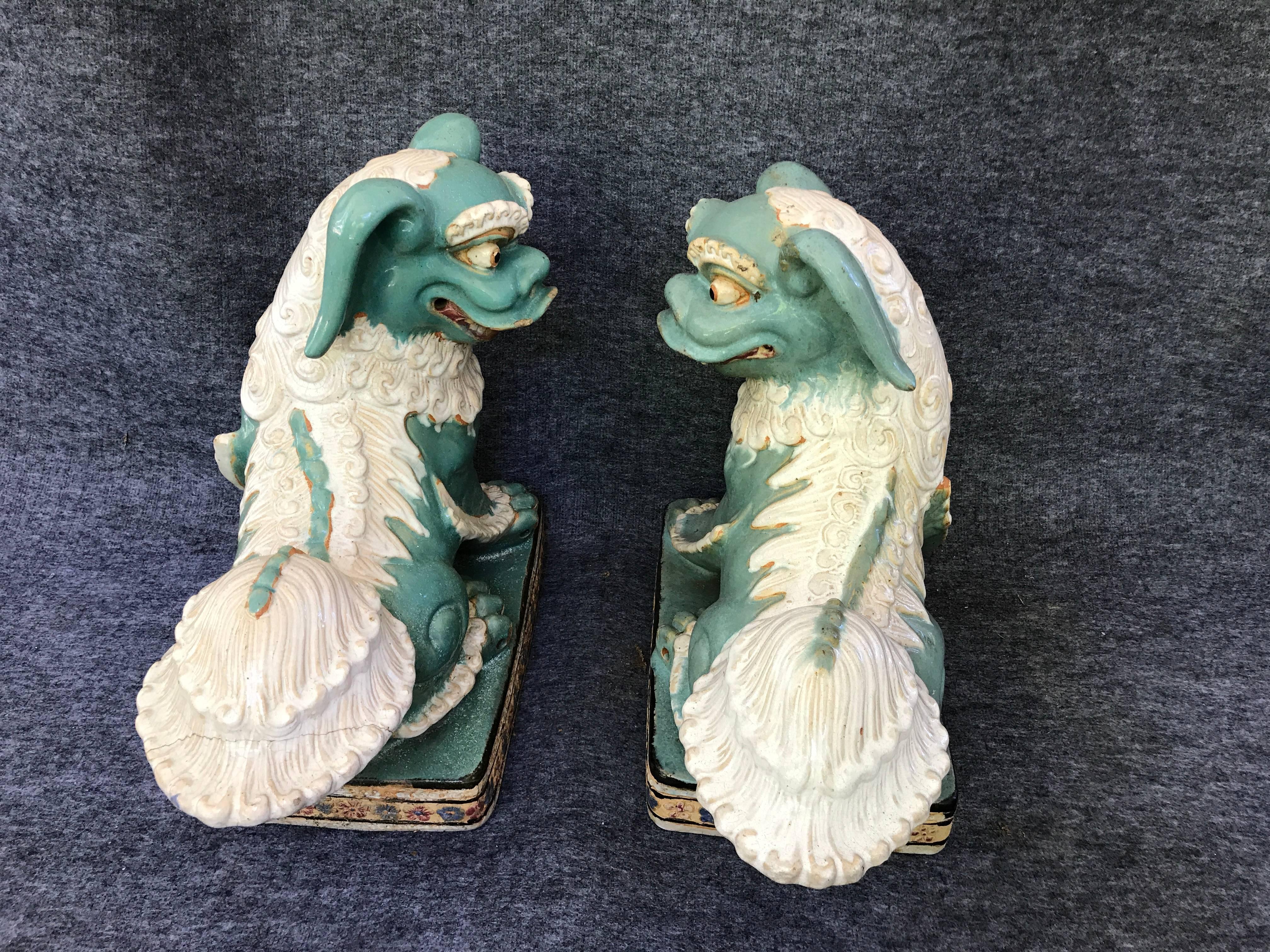 1970s Large Terracotta Turquoise and White Foo Dog Sculpture Statues, Pair 3