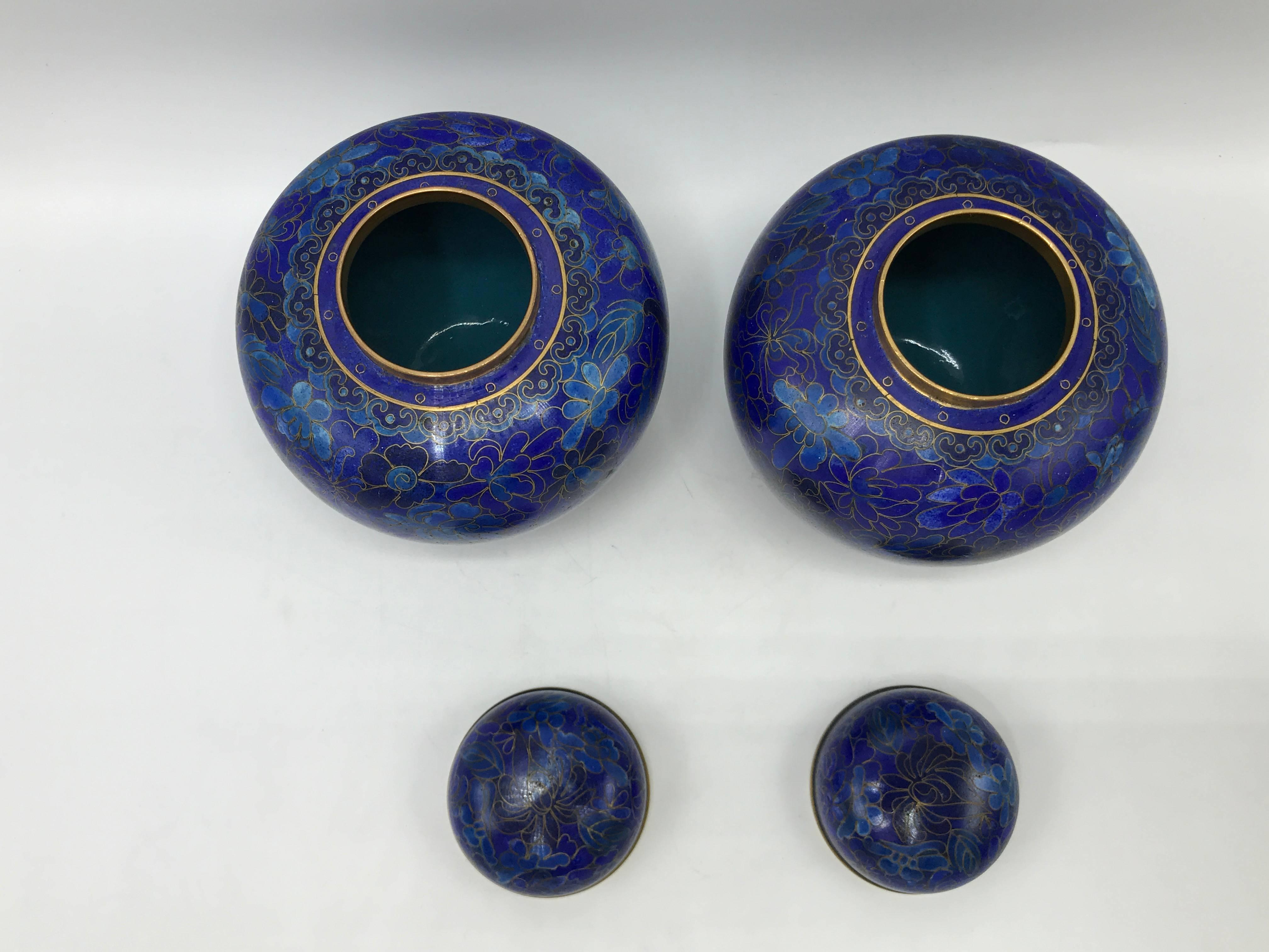 Cloissoné 1960s Blue Cloisonńe Ginger Jars, Pair