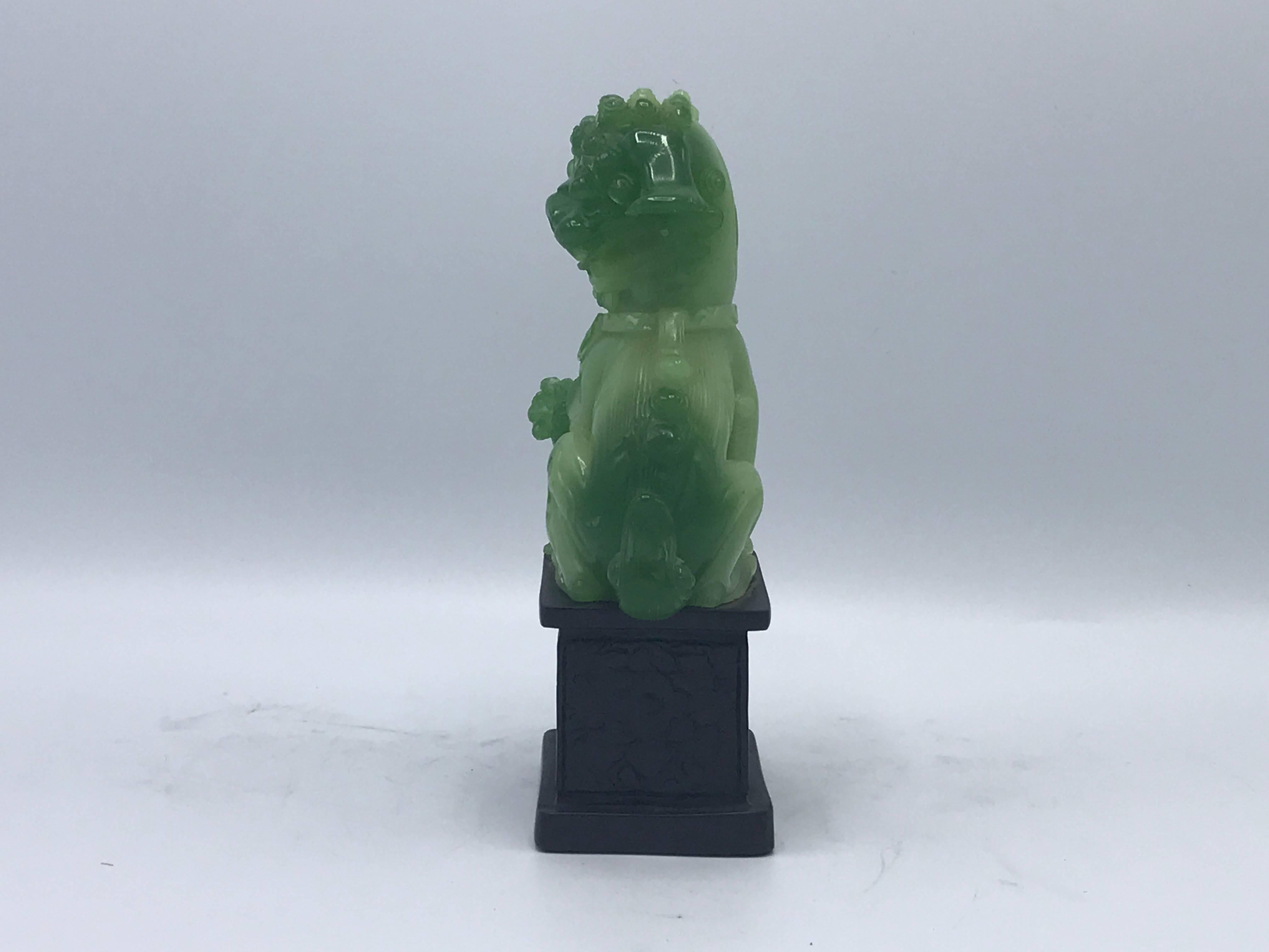 1970s Jadeite Foo Dog Sculpture on Ornate Stand In Excellent Condition In Richmond, VA