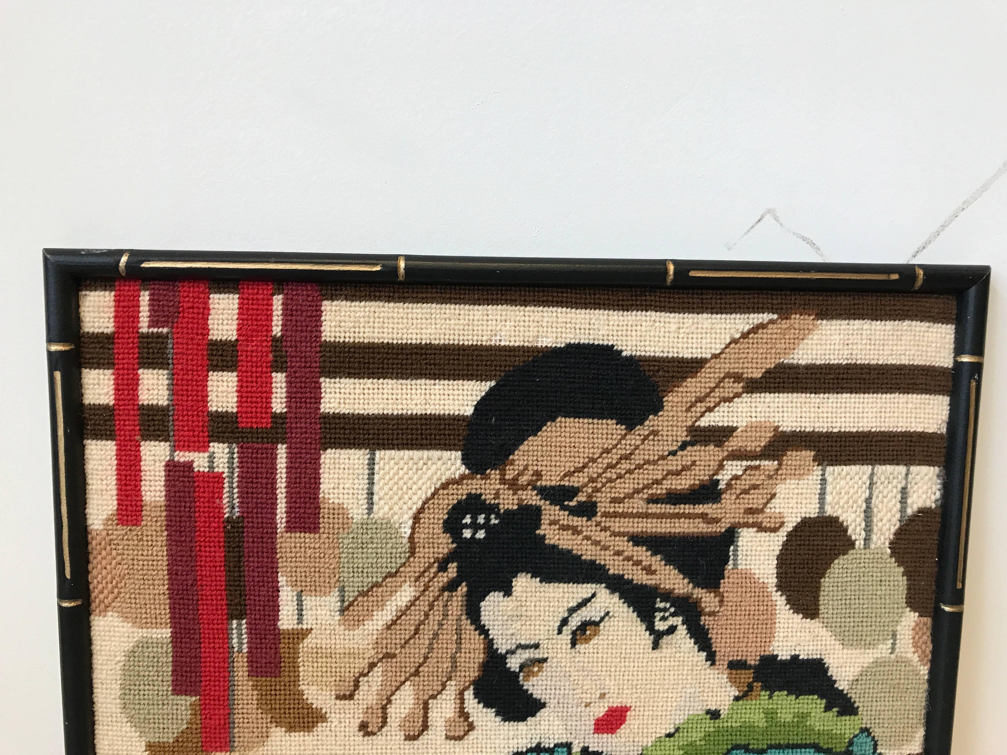 Chinoiserie 1960s Needlepoint Geisha with Faux Bamboo Frame For Sale