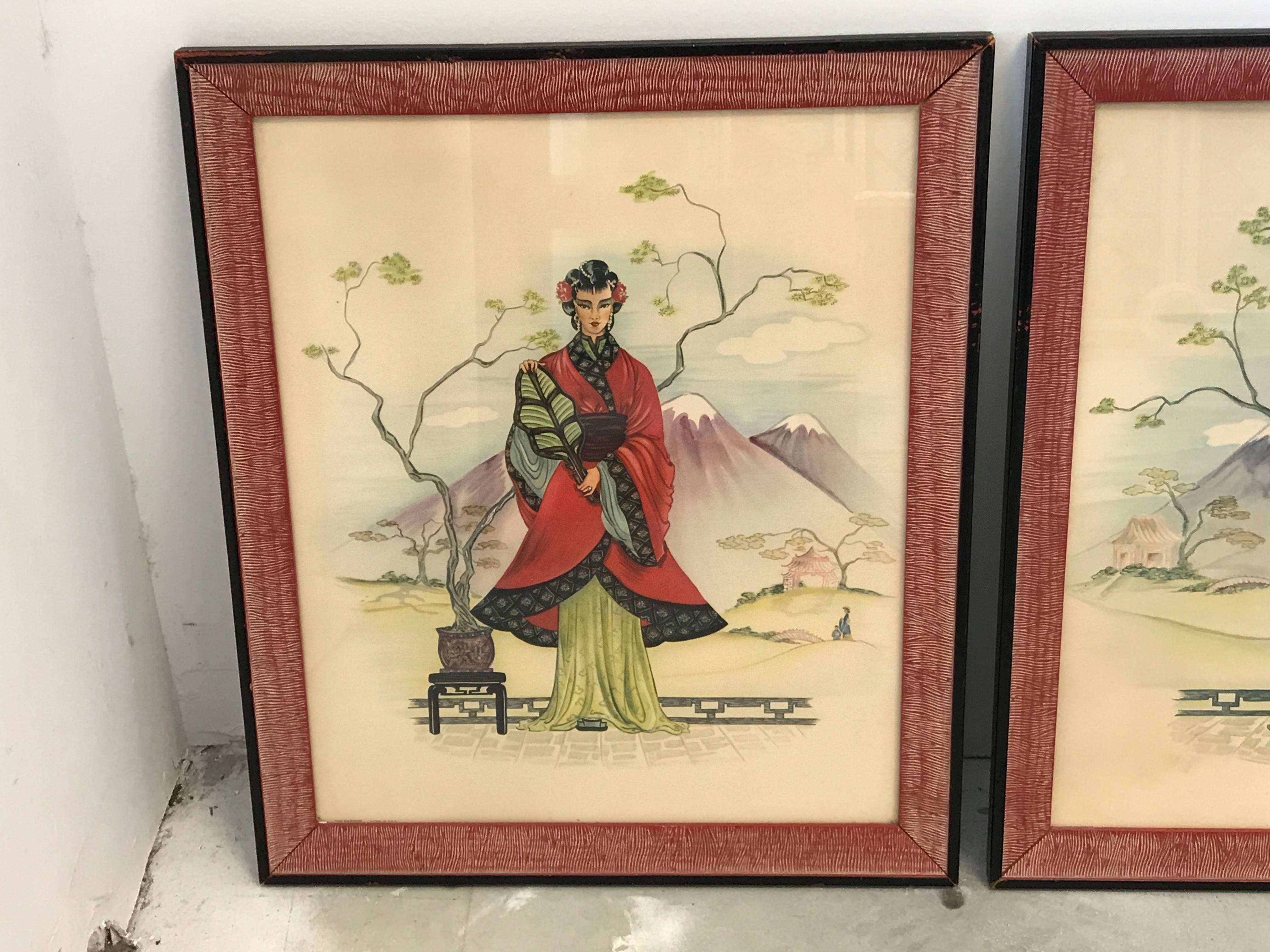 Offered is a stunning pair of 1960s Asian emperor and empress prints with red frames.