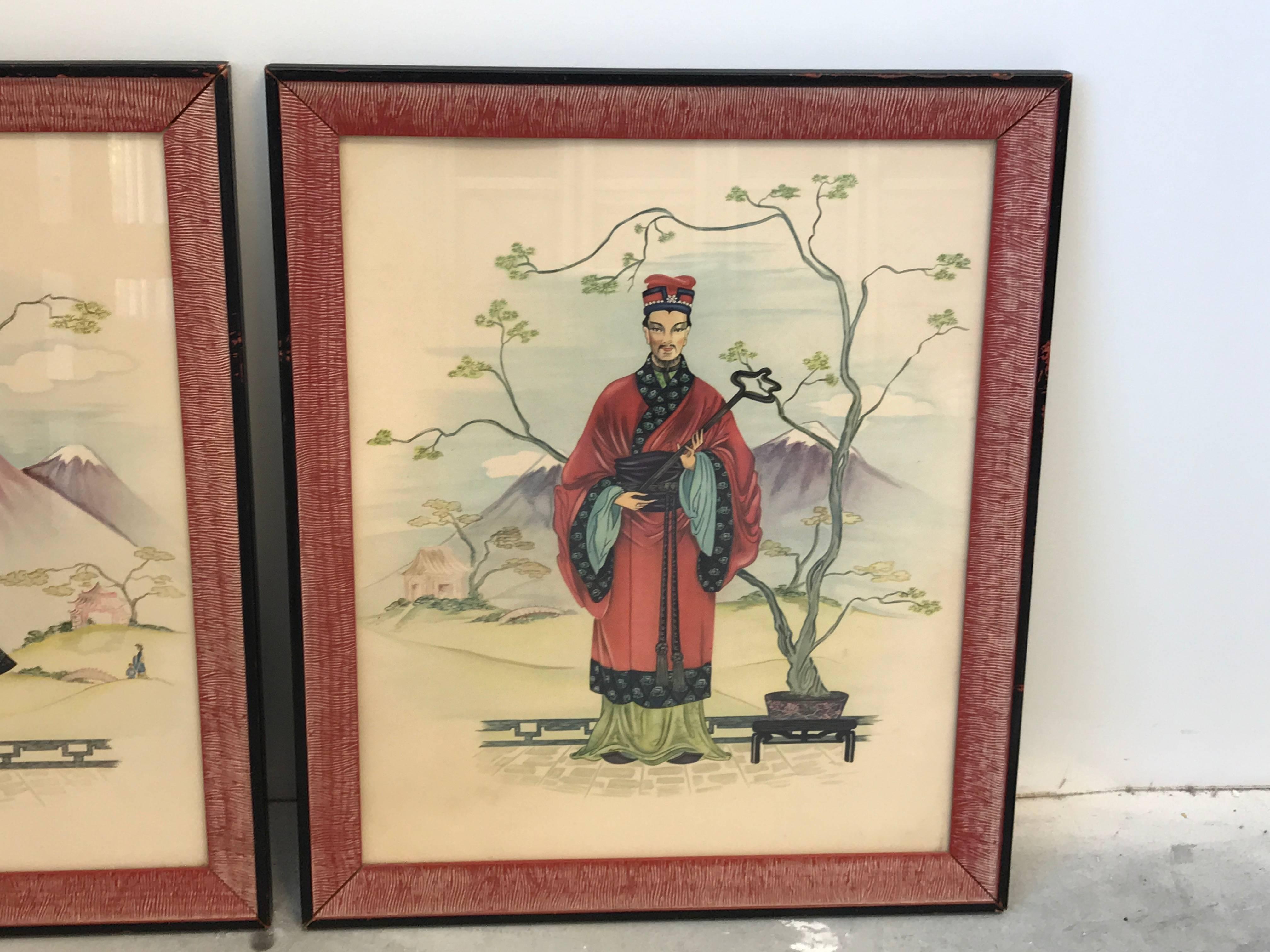 Chinoiserie 1960s Asian Emperor and Empress Prints with Red Frame, Pair