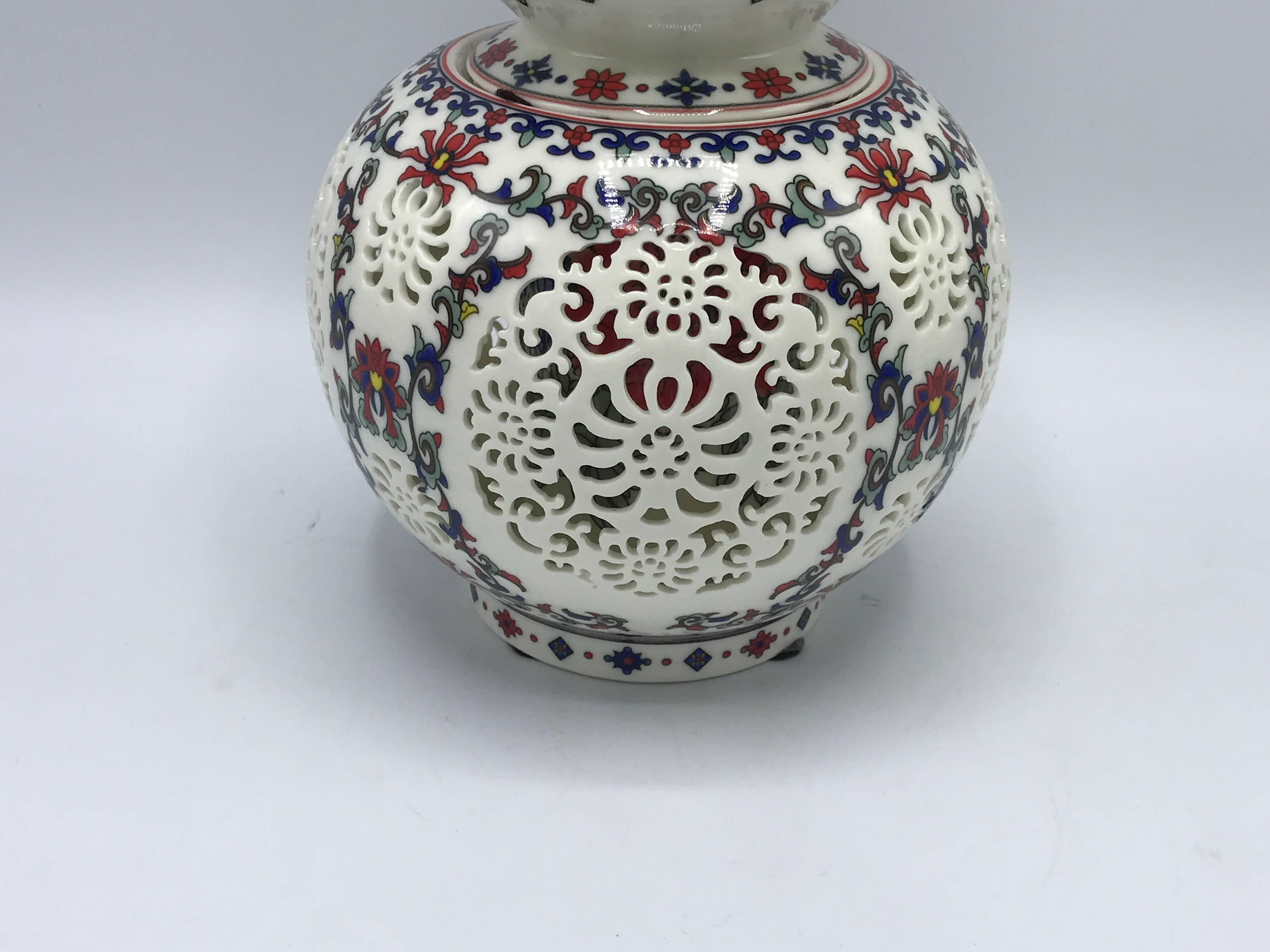 Chinoiserie 1960s Blanc de Chine Pierced Vase with Floral Motif For Sale