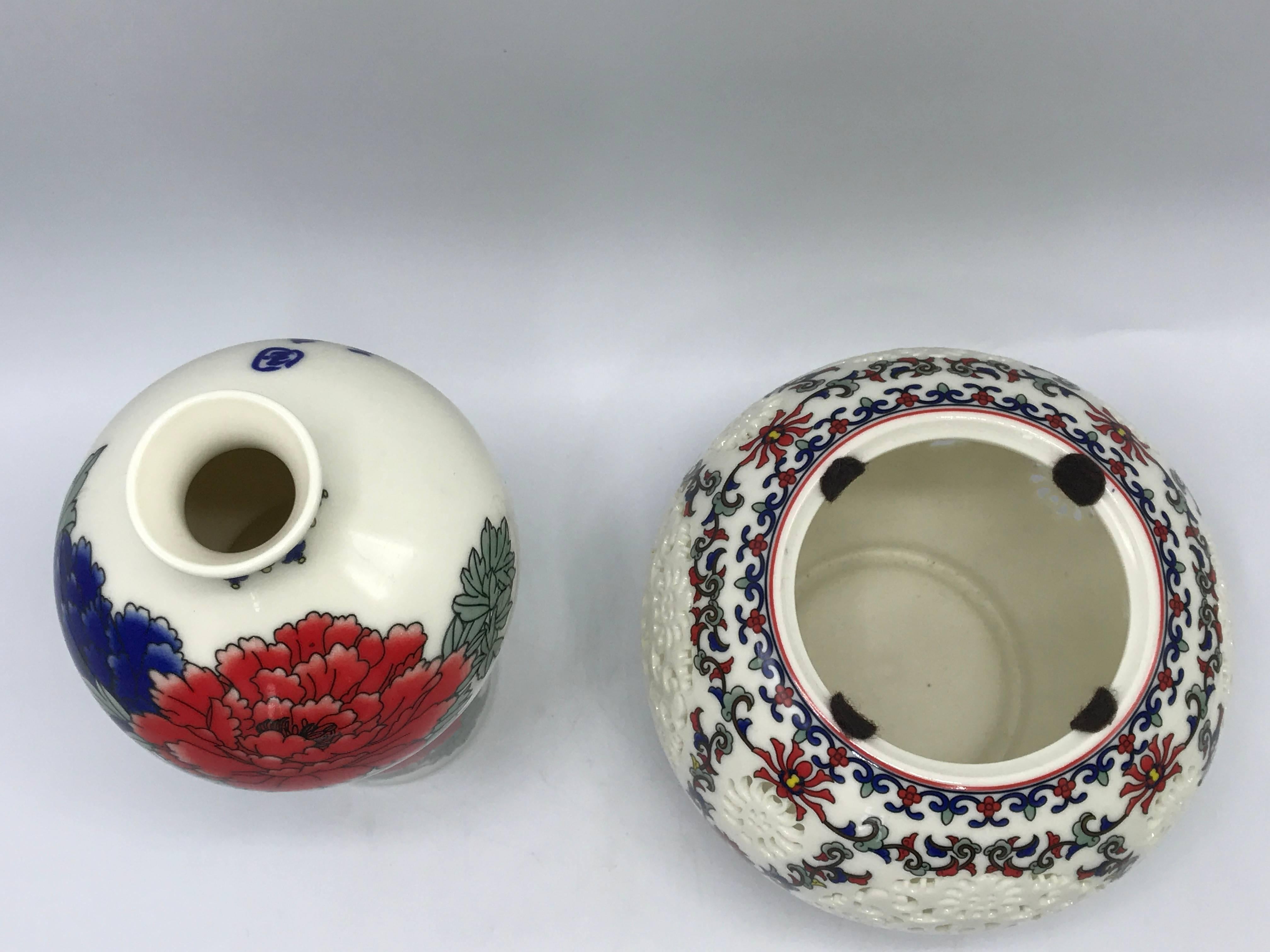 Porcelain 1960s Blanc de Chine Pierced Vase with Floral Motif For Sale