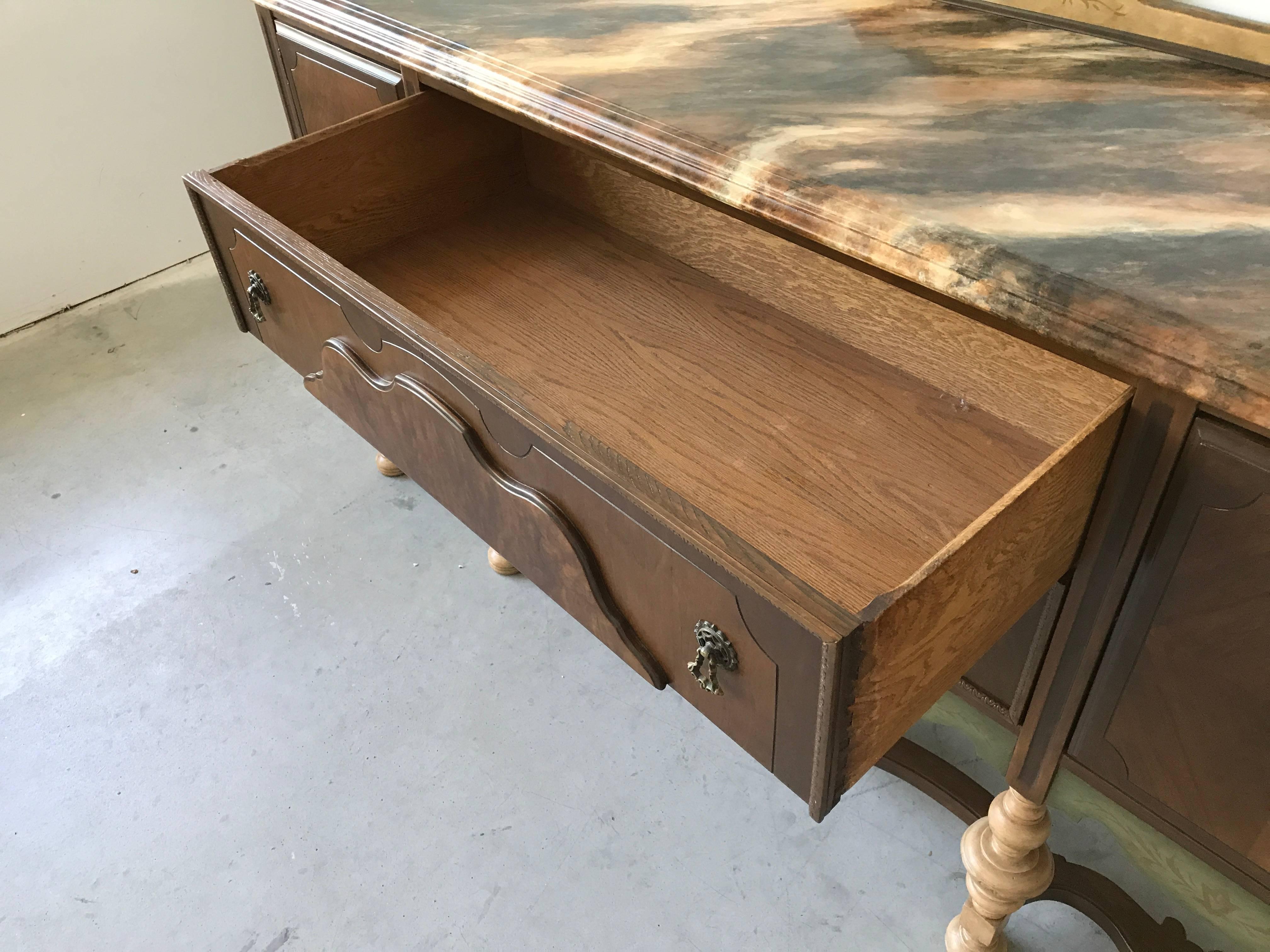 Hand-Painted Faux Marble-Top Oak Buffet Sideboard, 19th Century For Sale 2