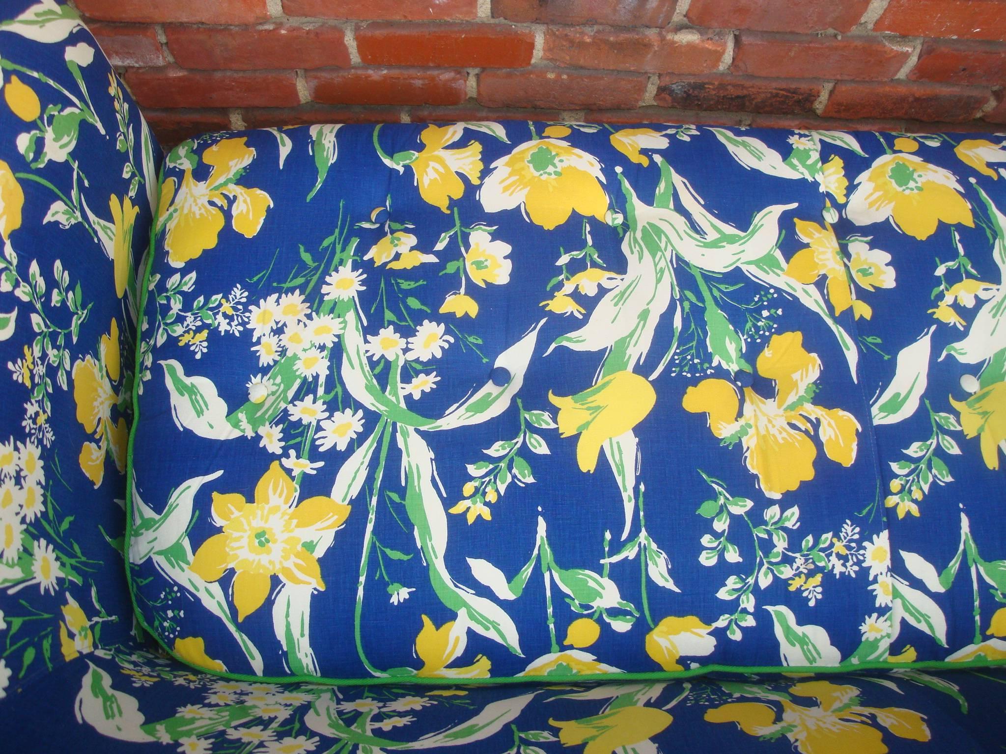 Mid-Century Modern 1970s Blue and Yellow Floral Motif Sofa by Highland House of Hickory