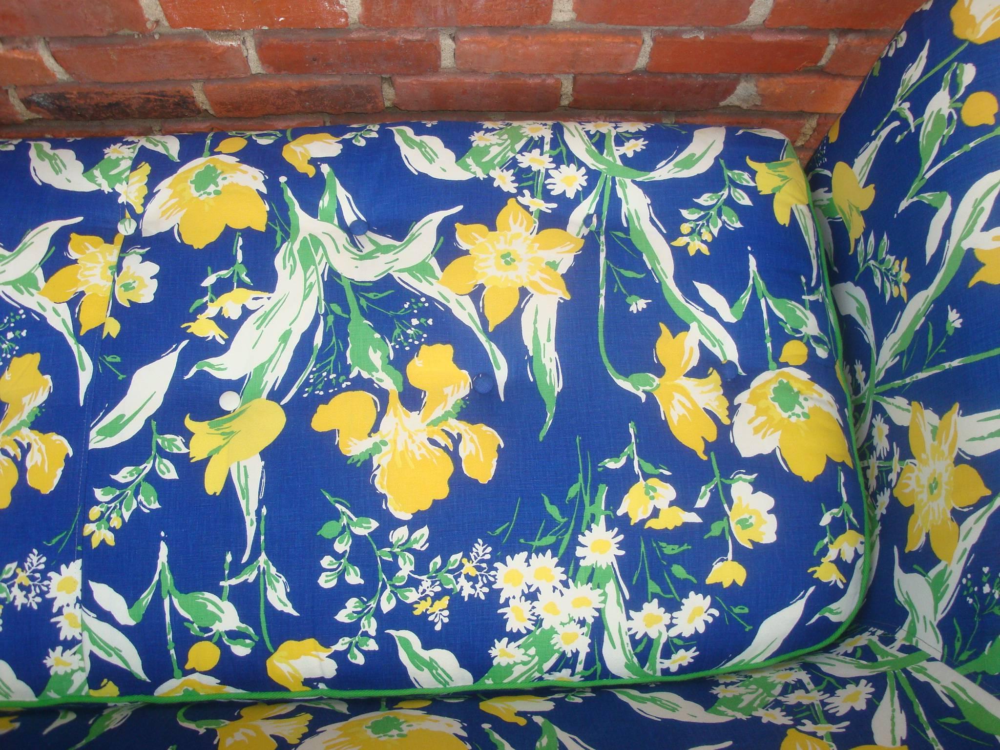 American 1970s Blue and Yellow Floral Motif Sofa by Highland House of Hickory