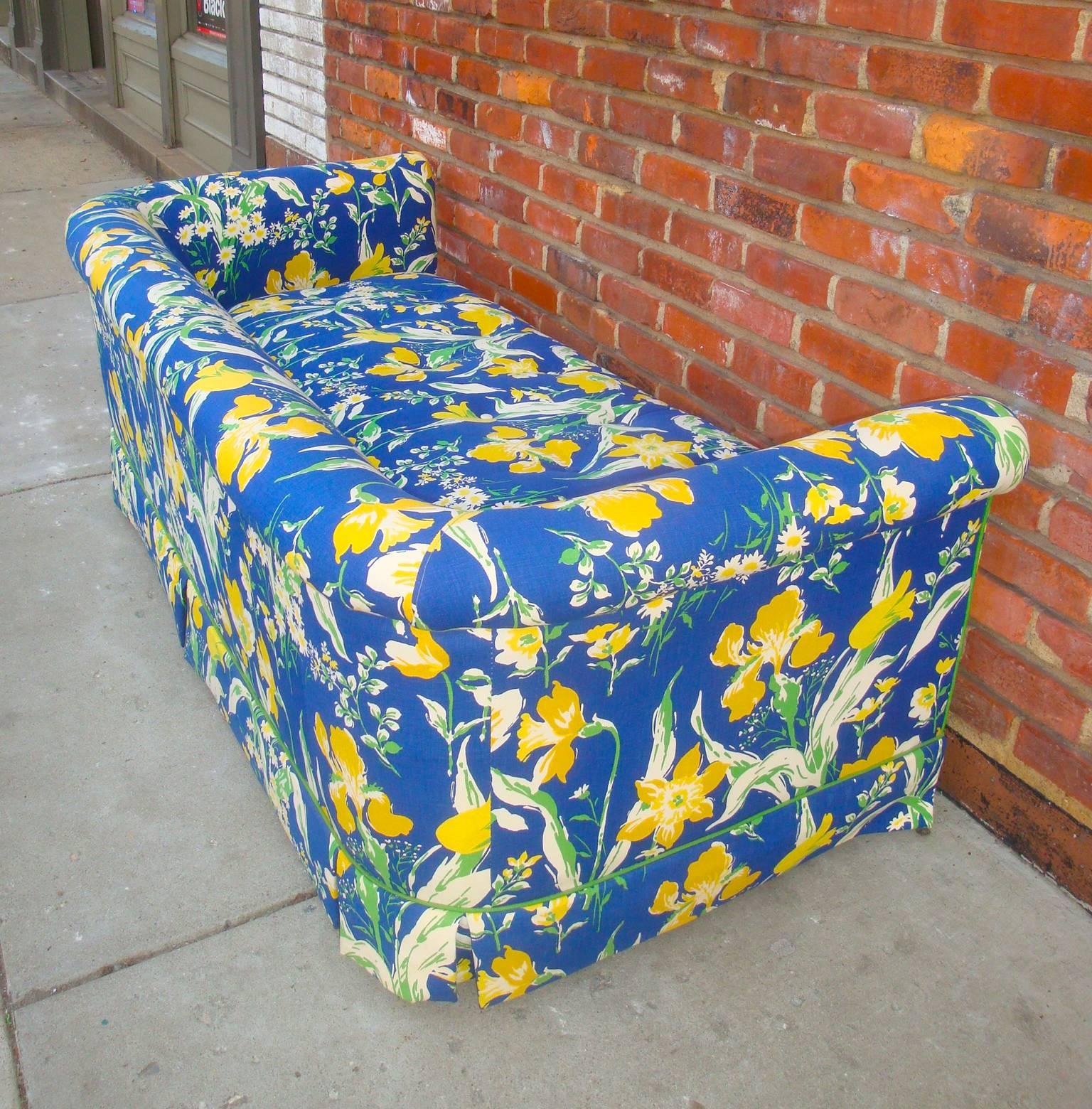 1970s Blue and Yellow Floral Motif Sofa by Highland House of Hickory In Excellent Condition In Richmond, VA