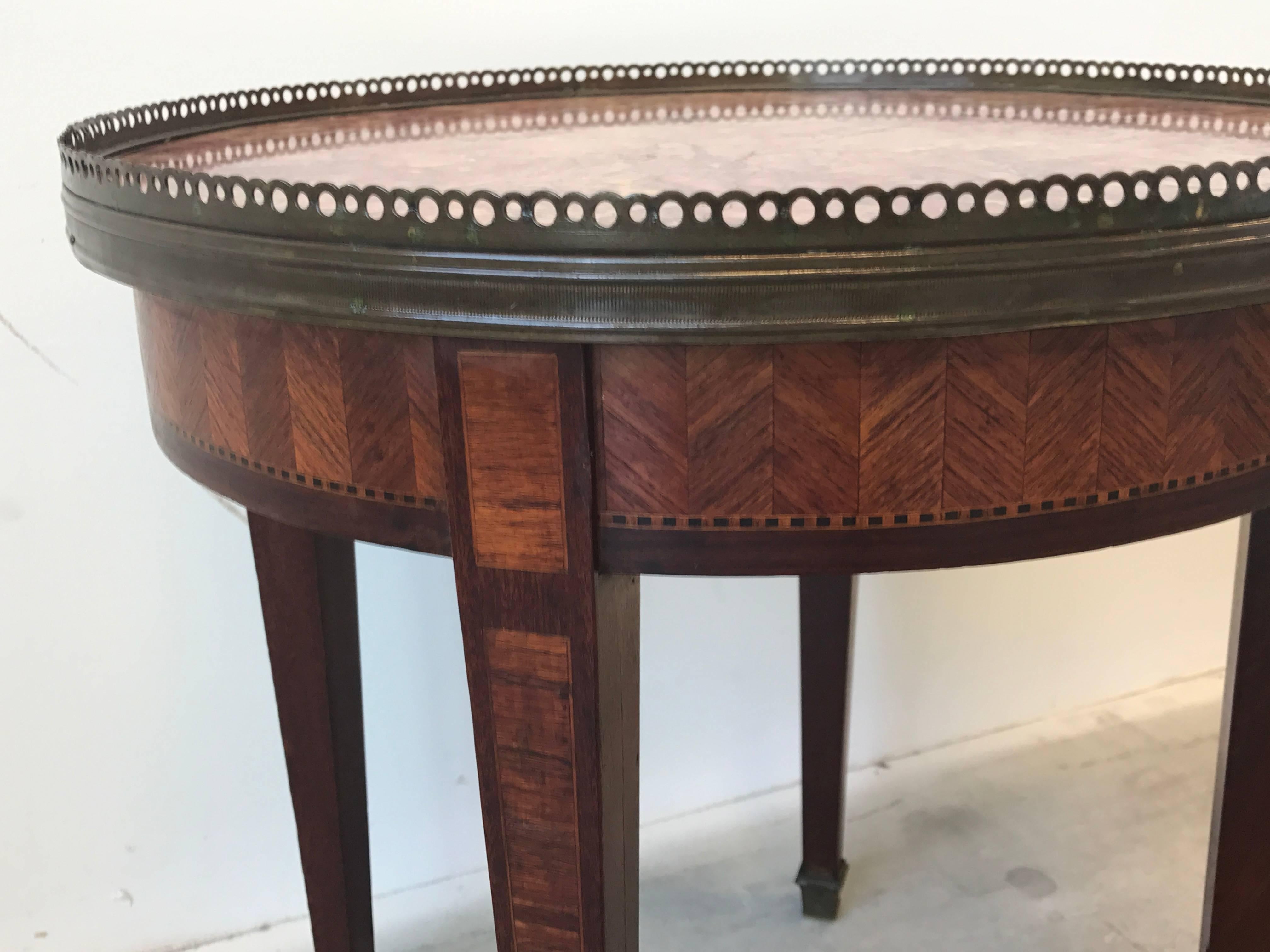 Louis XVI 19th Century French Marquetry Guideron Table with Marble Top and Brass Accents