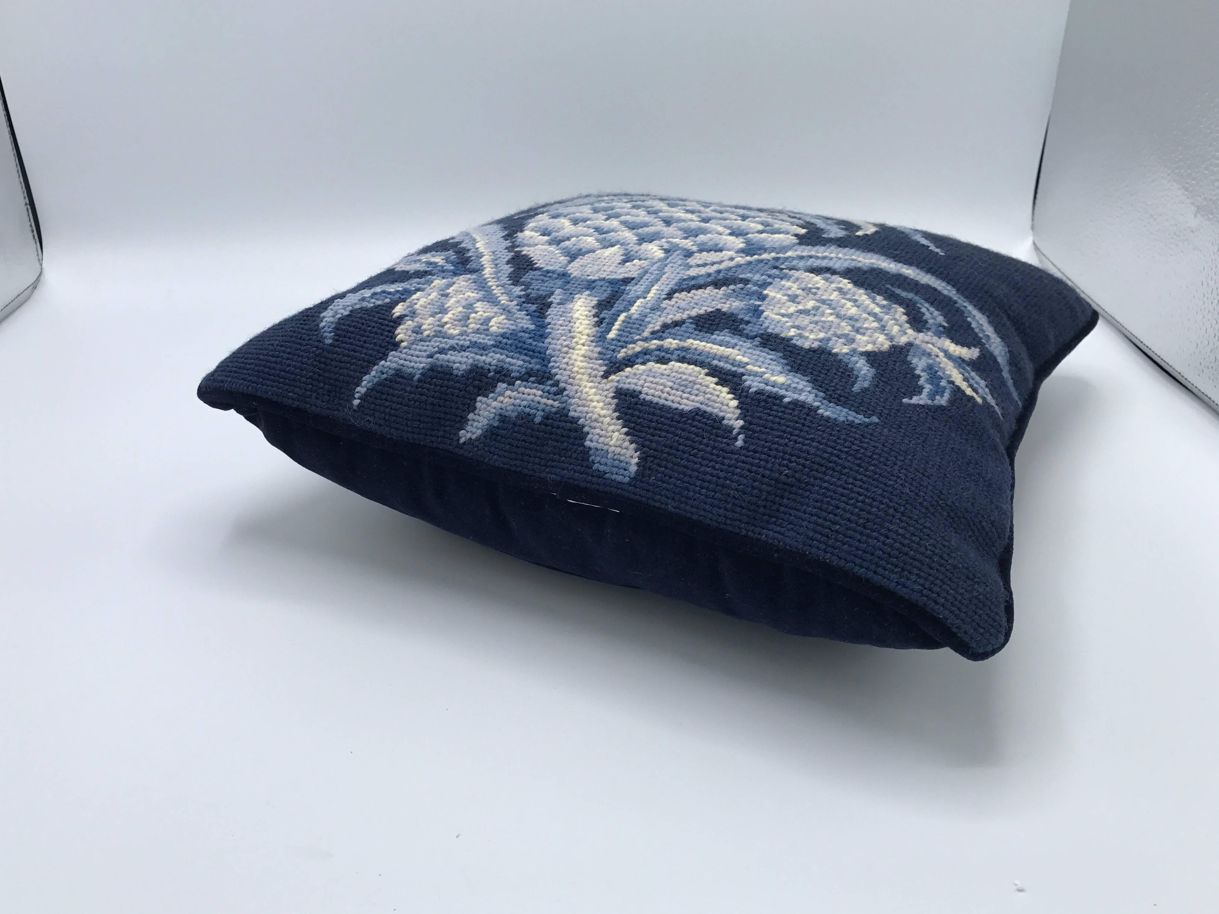 Chinoiserie 1980s Blue and White Pineapple Motif Needlepoint Pillows, Pair