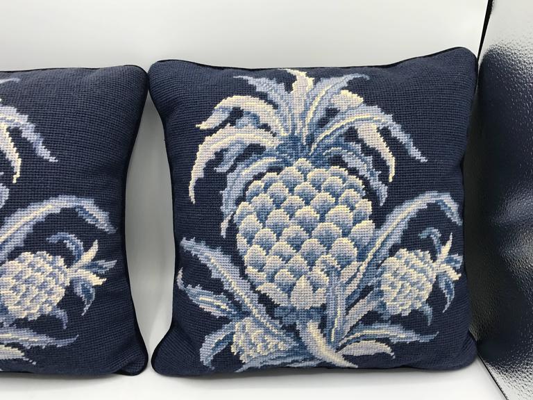 1980s Blue and White Pineapple Motif Needlepoint Pillows, Pair at 1stDibs