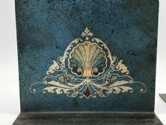 1950s Italian Tole Hand-Painted Blue Bookends with Crest Motif, Pair