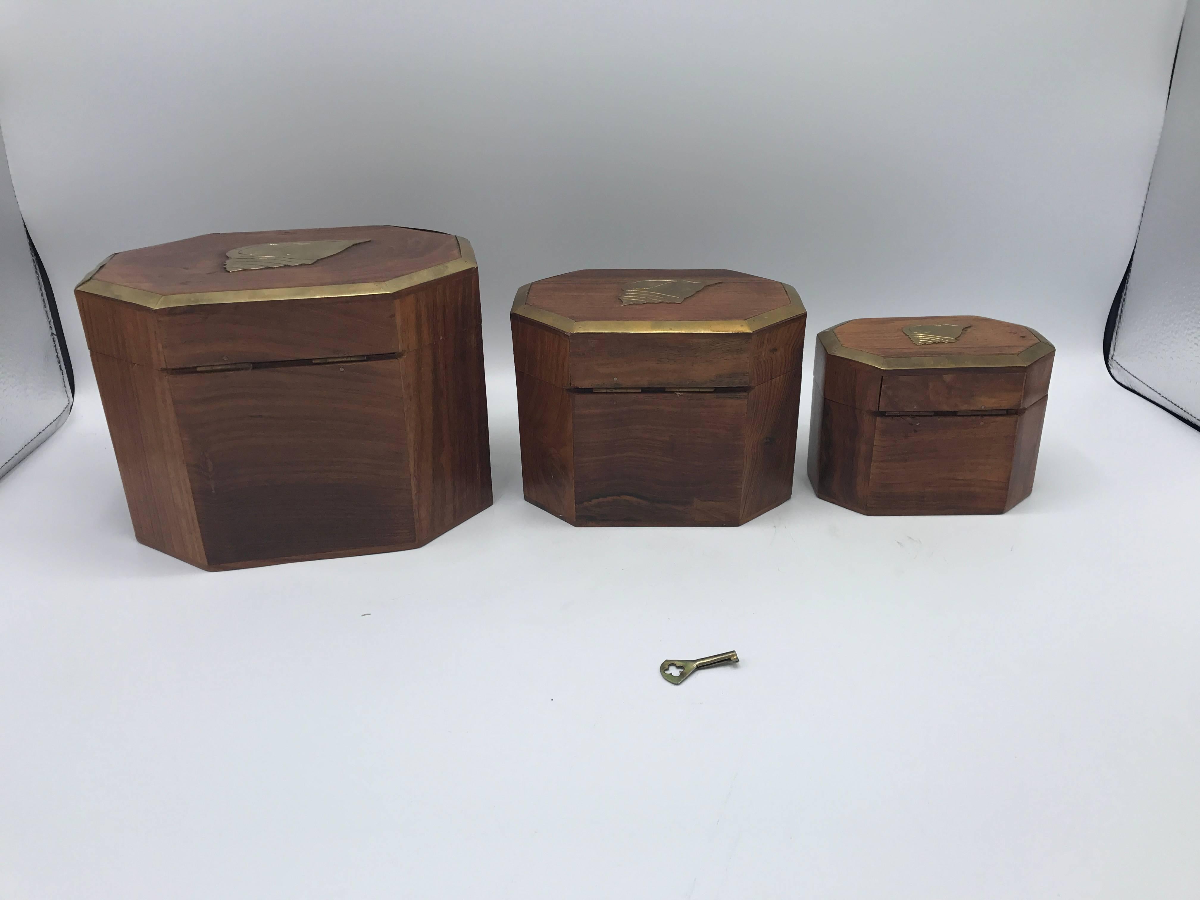 1960s Teak Nesting Boxes with Brass Seashell Inlay, Set of Three In Excellent Condition In Richmond, VA
