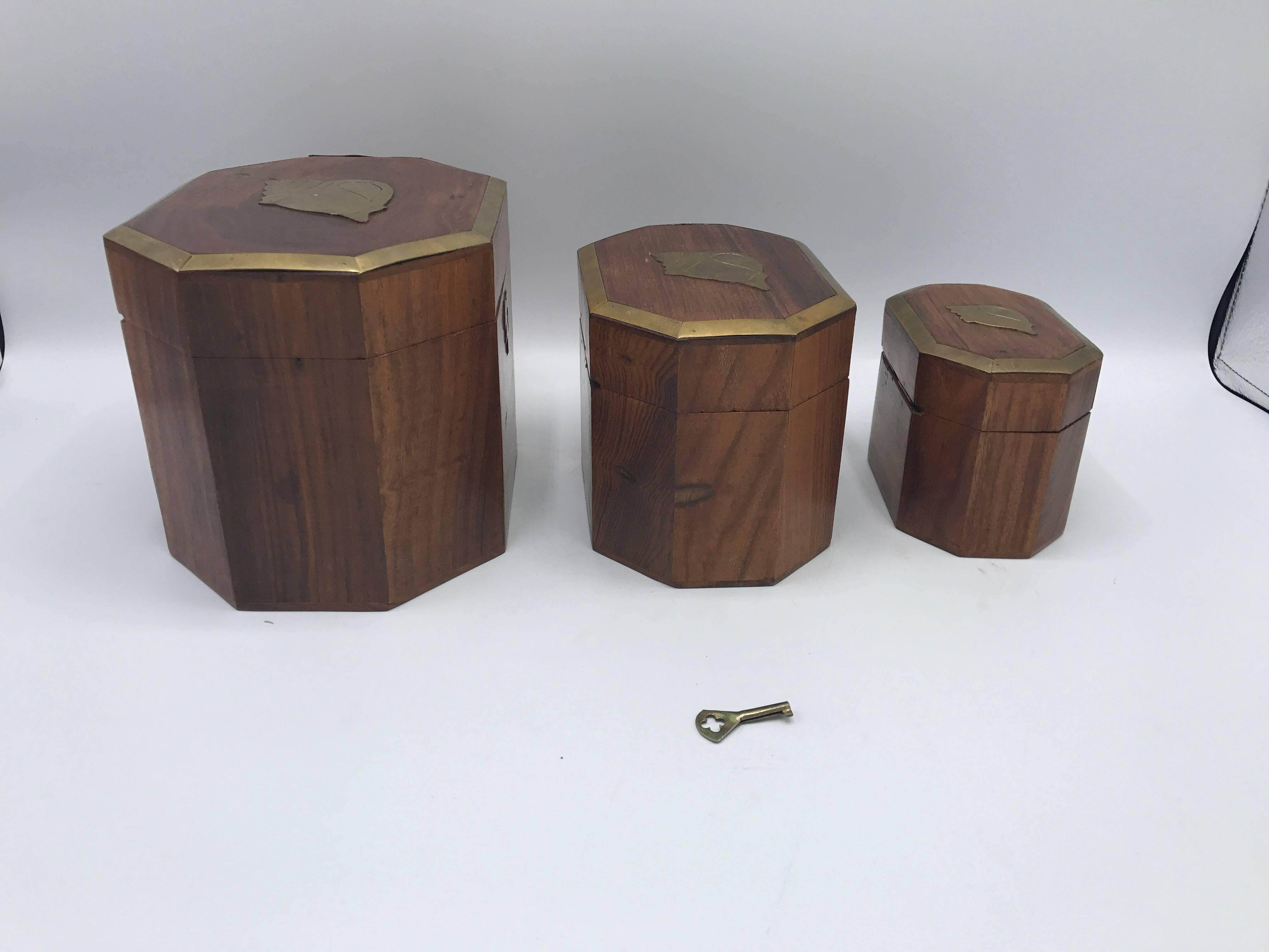 Mid-Century Modern 1960s Teak Nesting Boxes with Brass Seashell Inlay, Set of Three