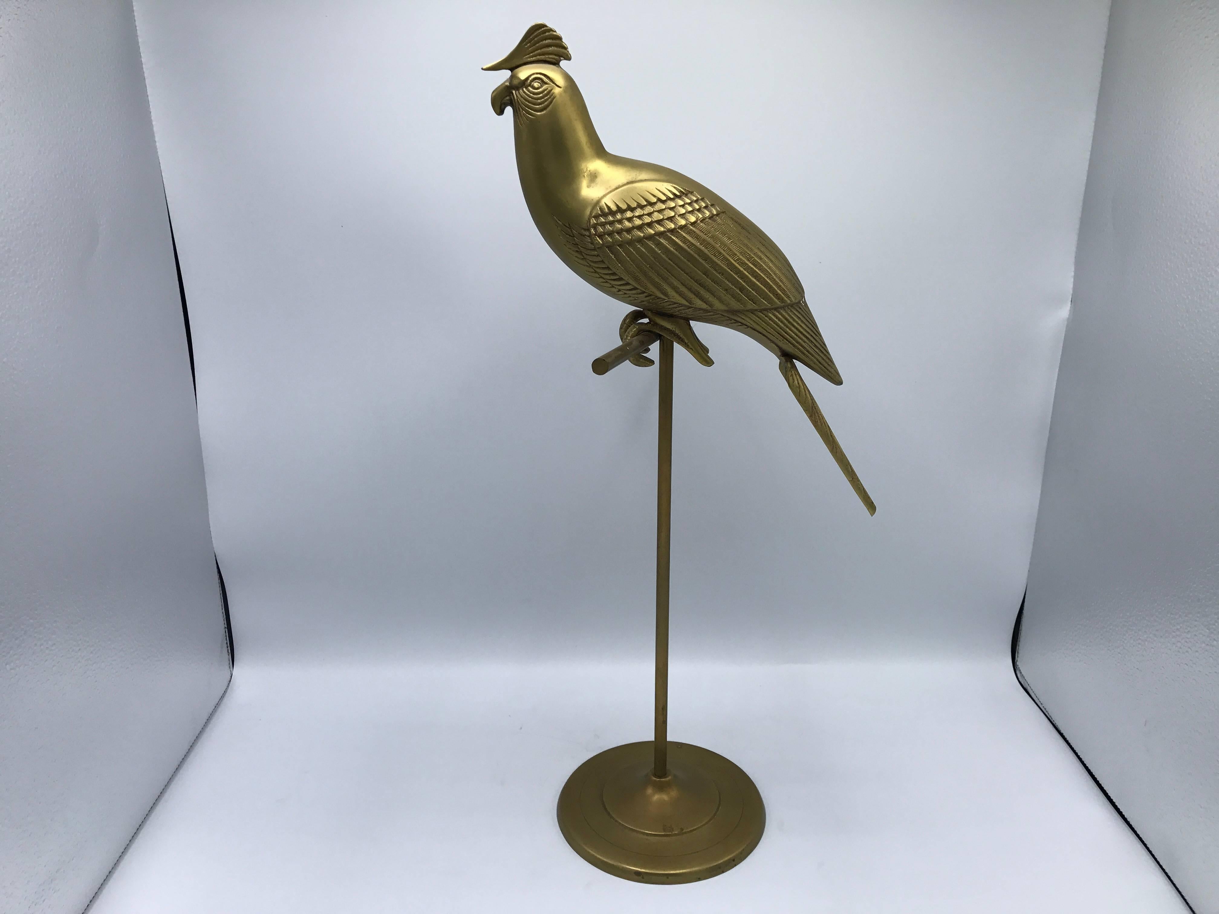 Modern 1960s Sergio Bustamante Style Brass Cockatiel Bird Sculpture on Perch