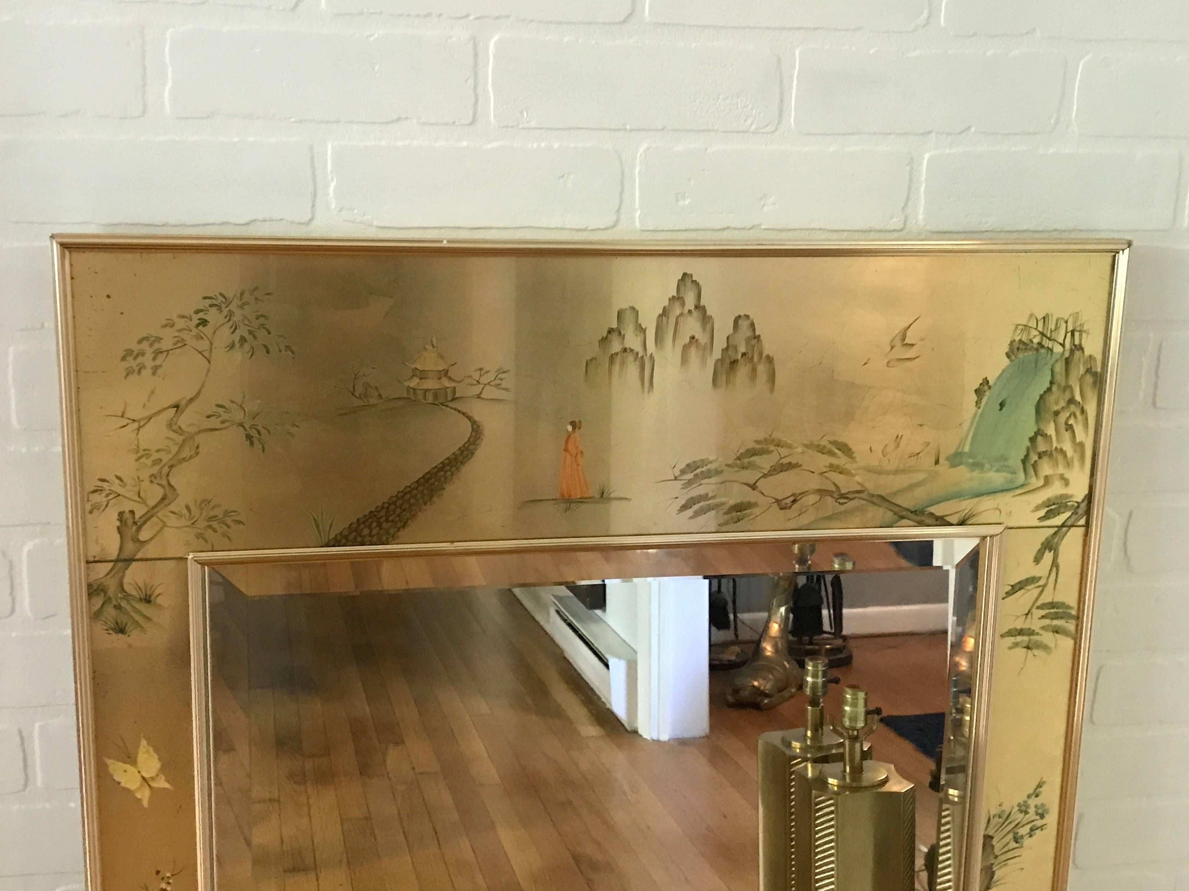 1980s LaBarge Gold Chinoiserie Mirror with Brass Frame, Pair In Excellent Condition In Richmond, VA