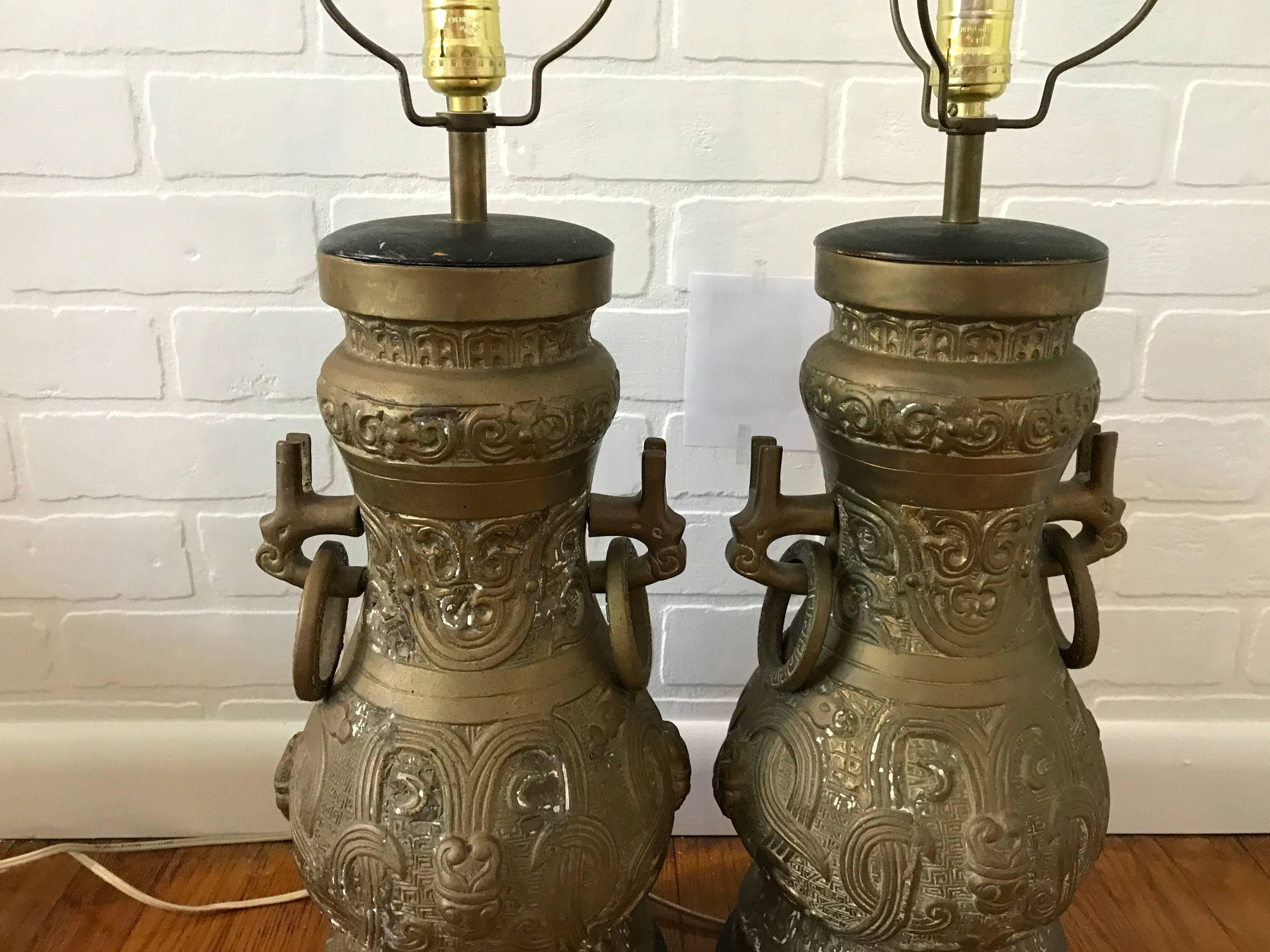 Chinoiserie 1970s James Mont Style Bronze Asian Lamps, Pair