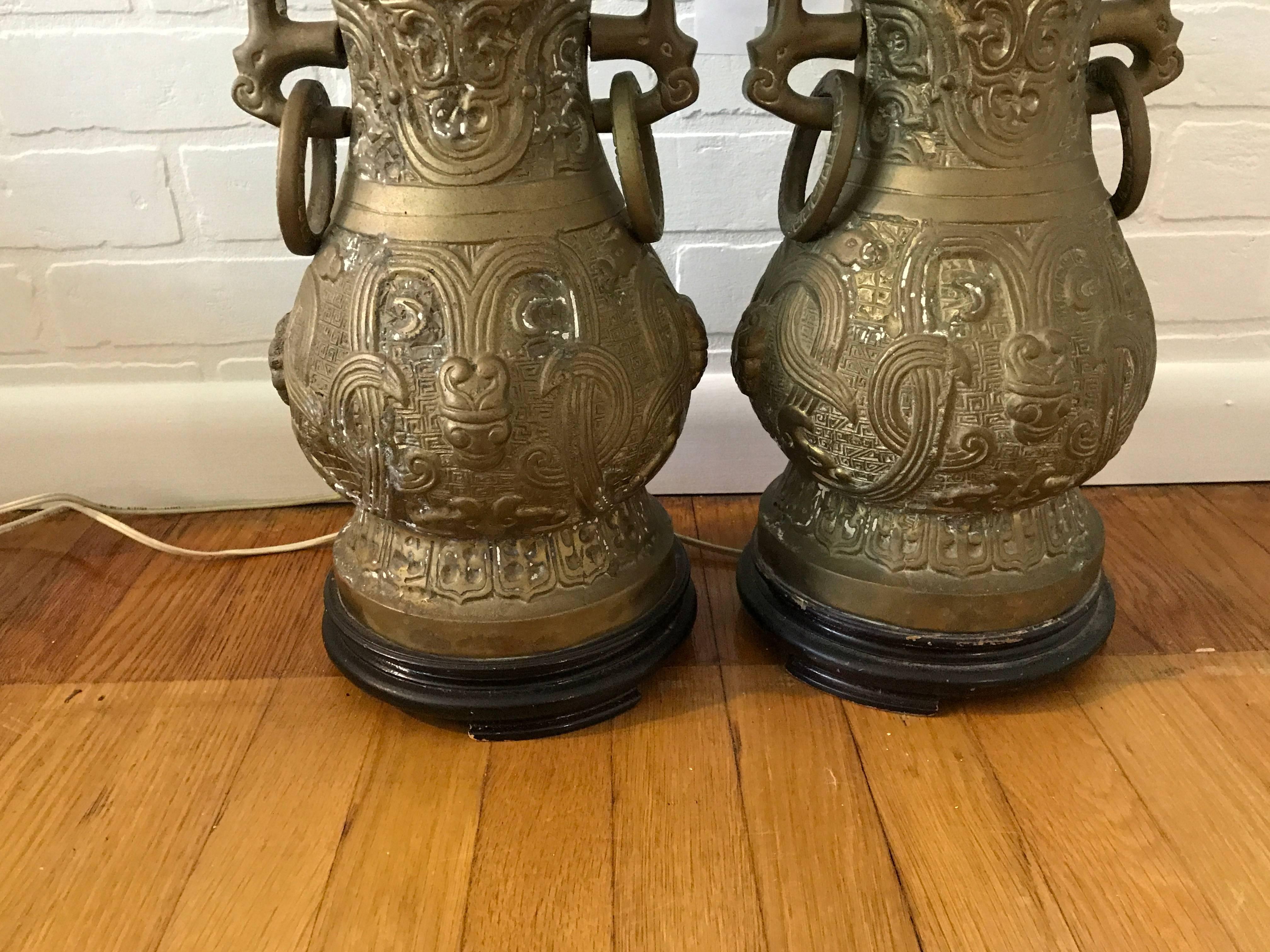 1970s James Mont Style Bronze Asian Lamps, Pair In Excellent Condition In Richmond, VA