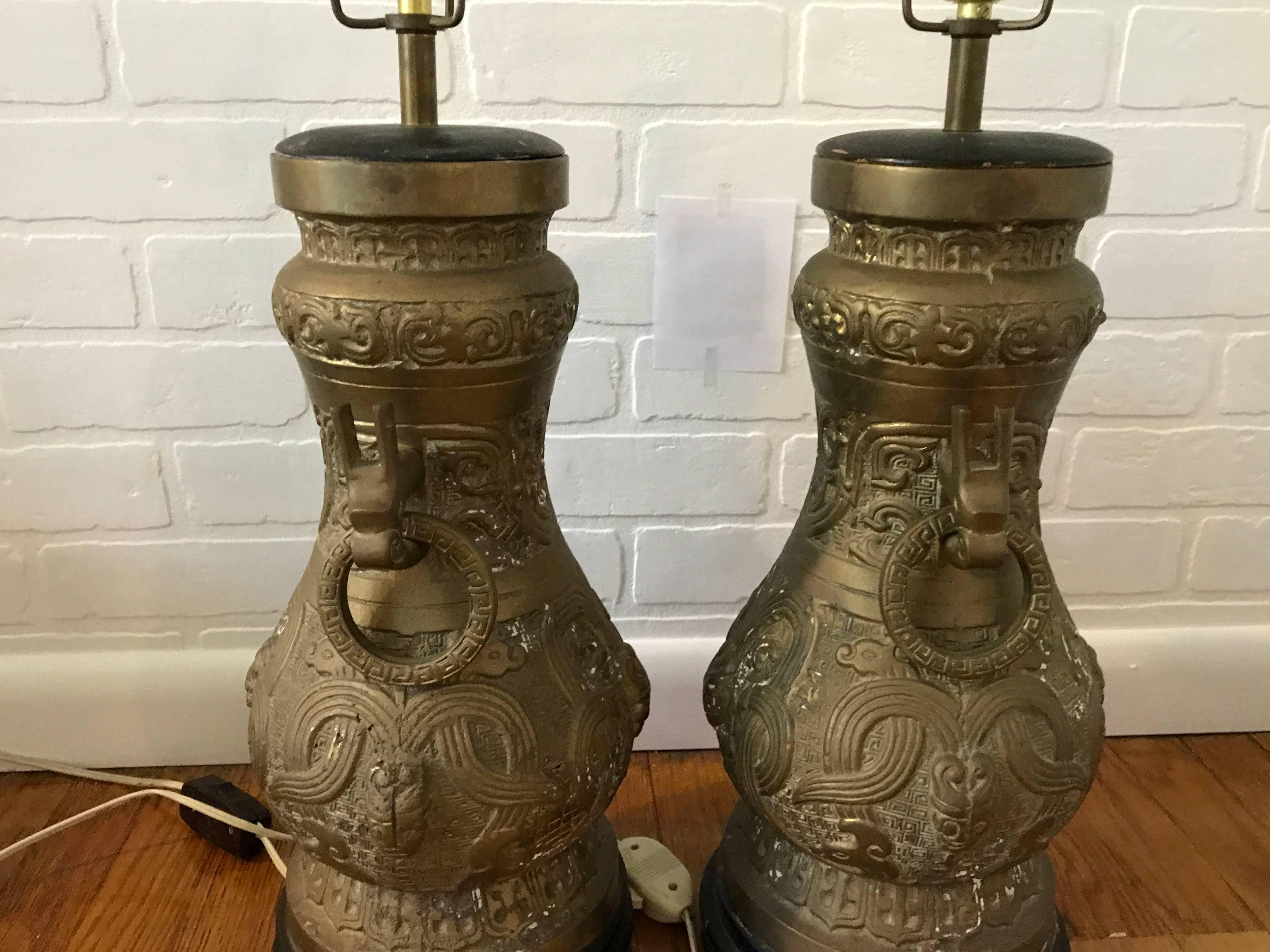 20th Century 1970s James Mont Style Bronze Asian Lamps, Pair