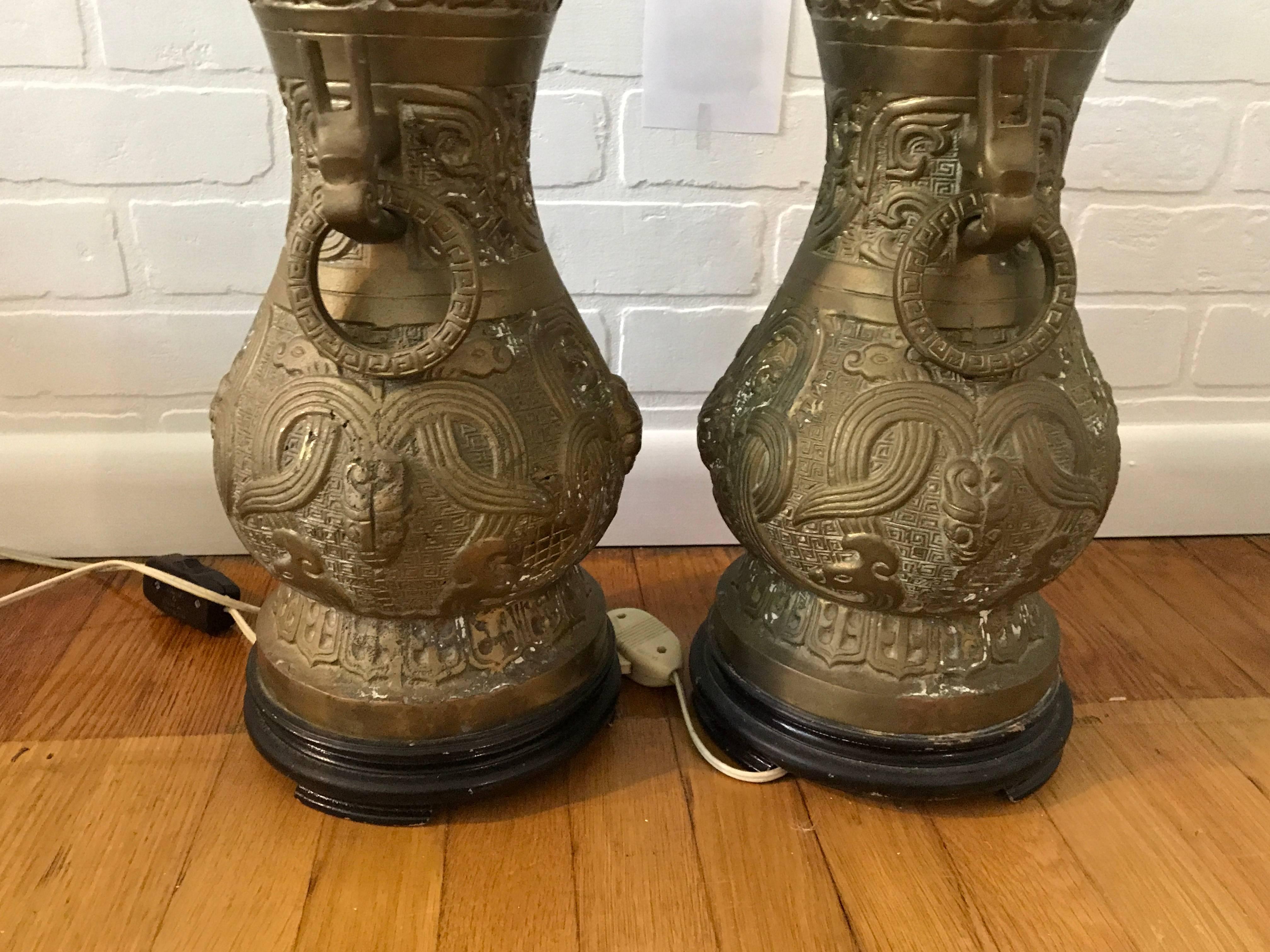 1970s James Mont Style Bronze Asian Lamps, Pair 1