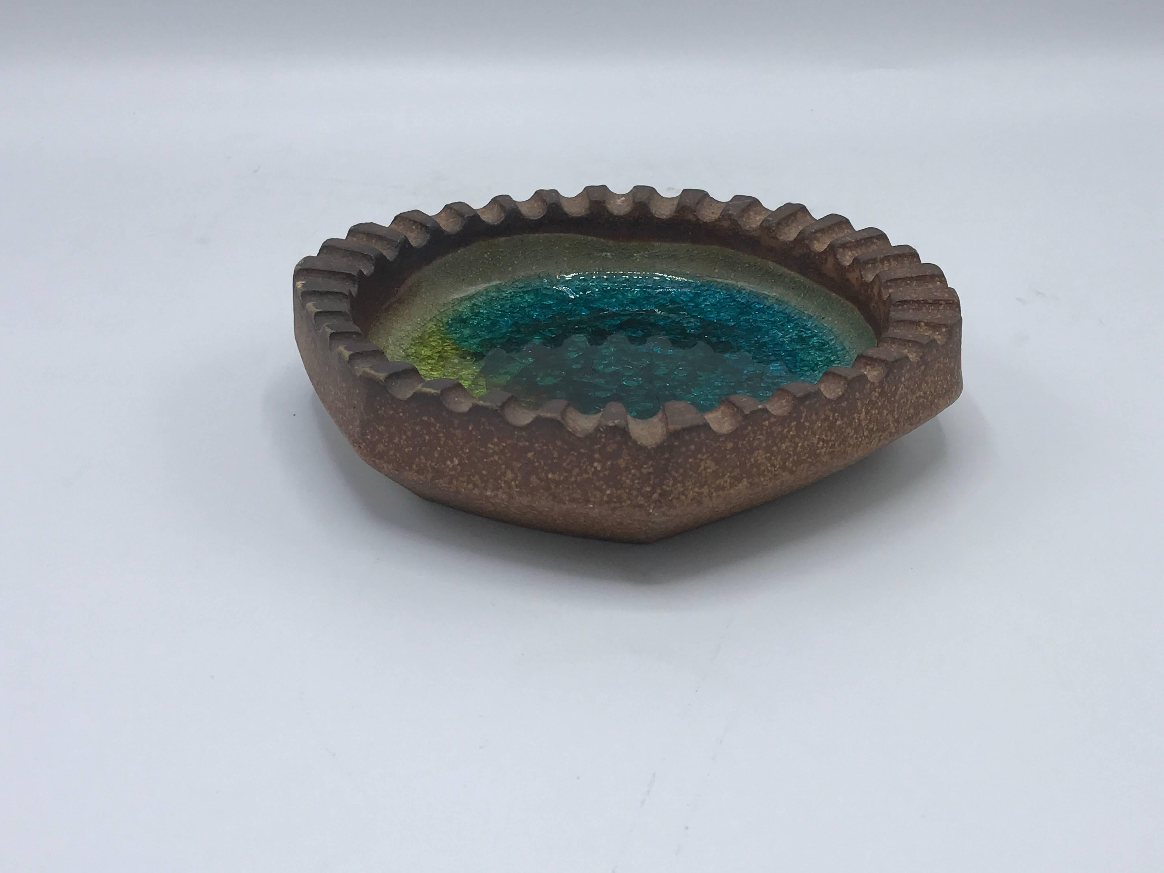 Mid-Century Modern 1970s Robert Maxwell Pottery Blue and Green Ashtray Catchall