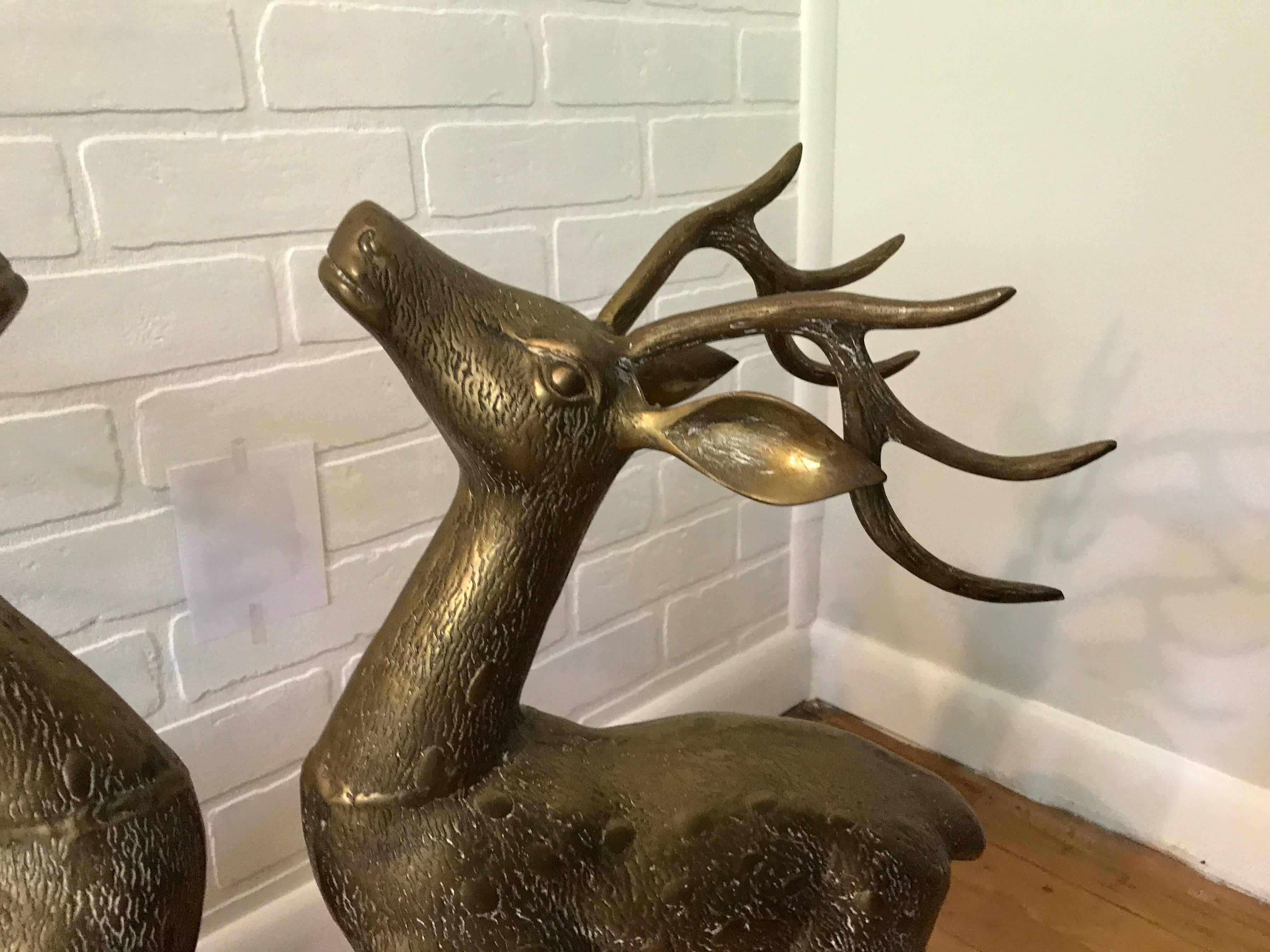 Mid-Century Modern 1960s Large Brass Deer Sculptures, Pair