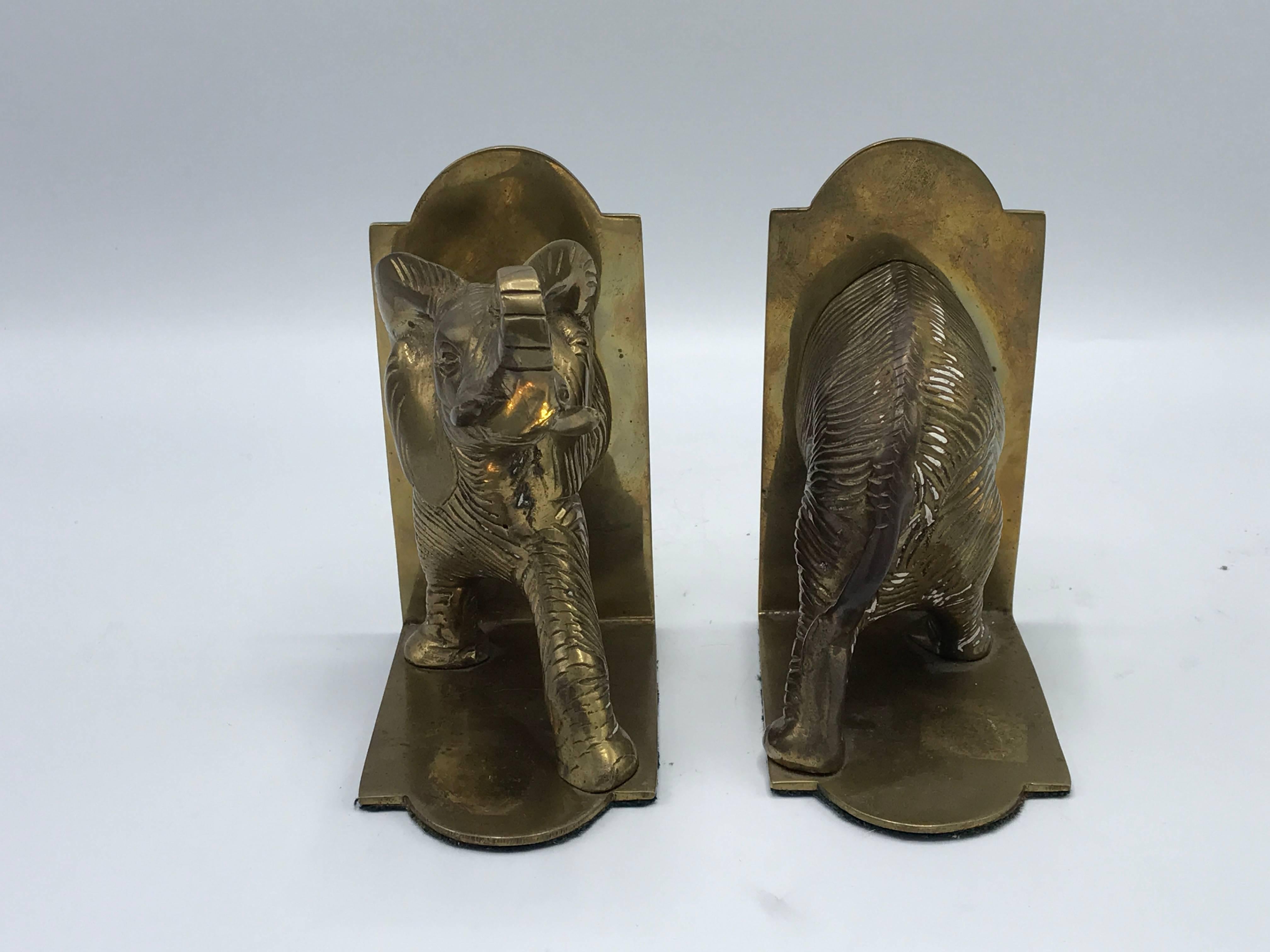 Mid-Century Modern 1960s Brass Elephant Sculpture Bookends, Pair