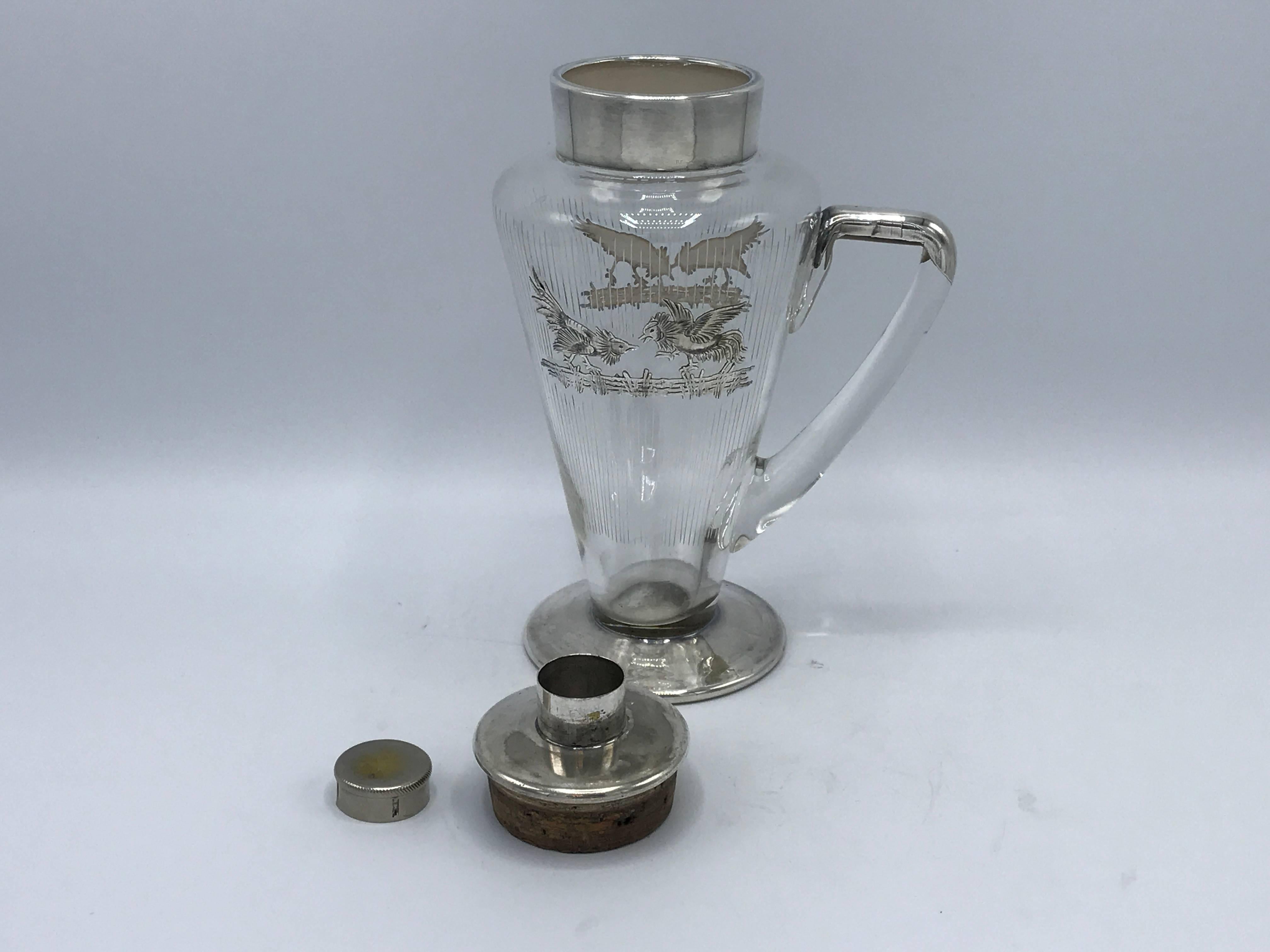 1930s Glass and Sterling Silver Decanter Carafe with Rooster Motif 1