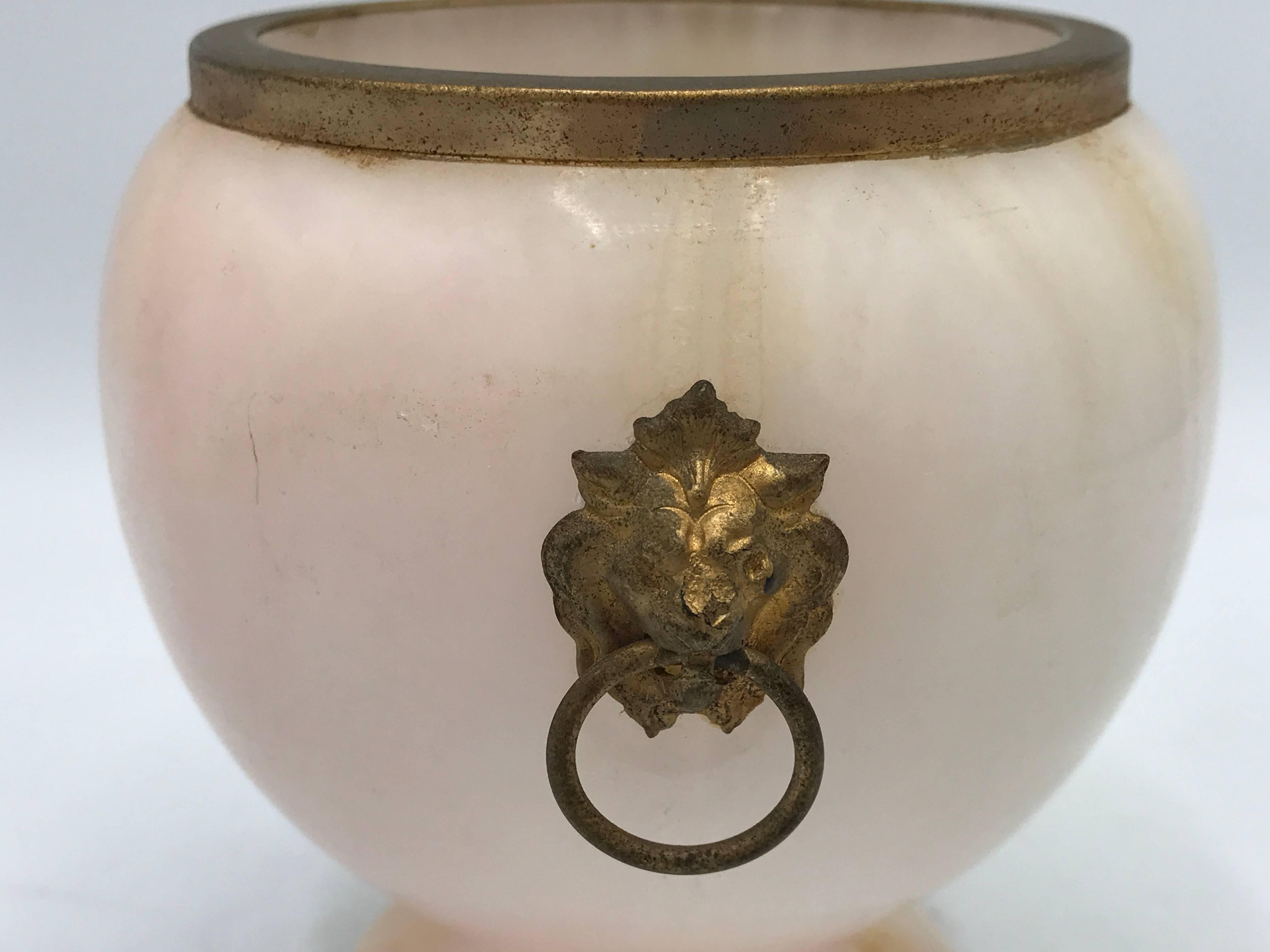 20th Century 1950s, Italian Mid-Century Alabaster Urn with Brass Lion Heads