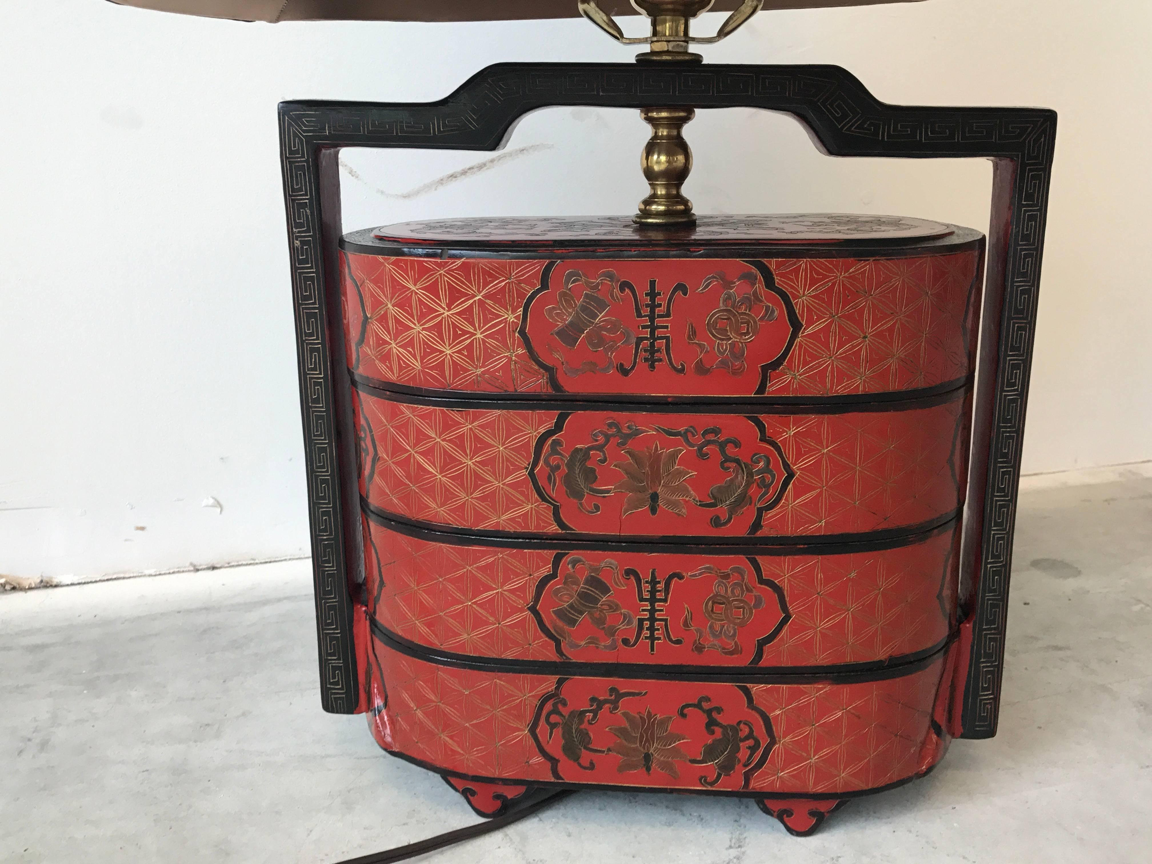 1940s Chinese Red and Black Lacquered Lamp with Shade In Excellent Condition In Richmond, VA