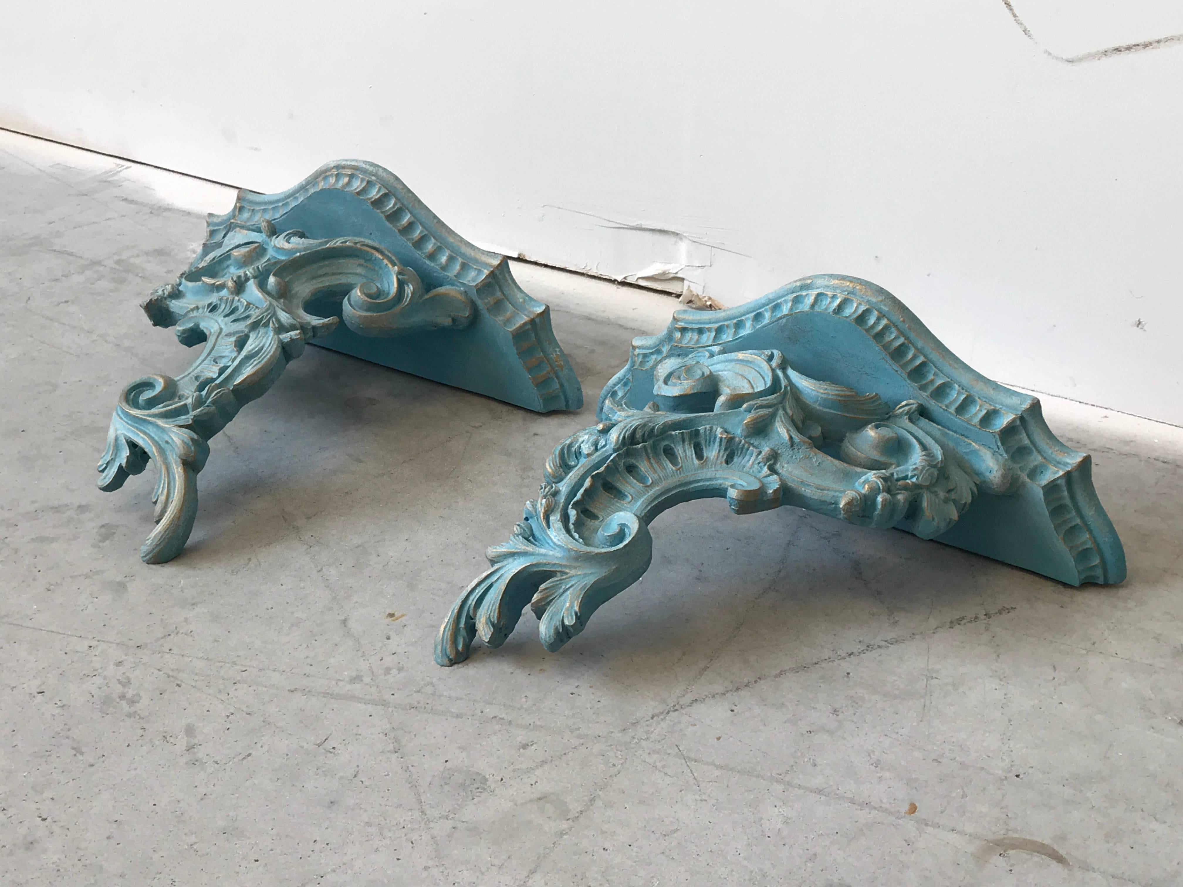 1980s Blue and Gold Rococo Style Wood Wall Shelves, Pair 1