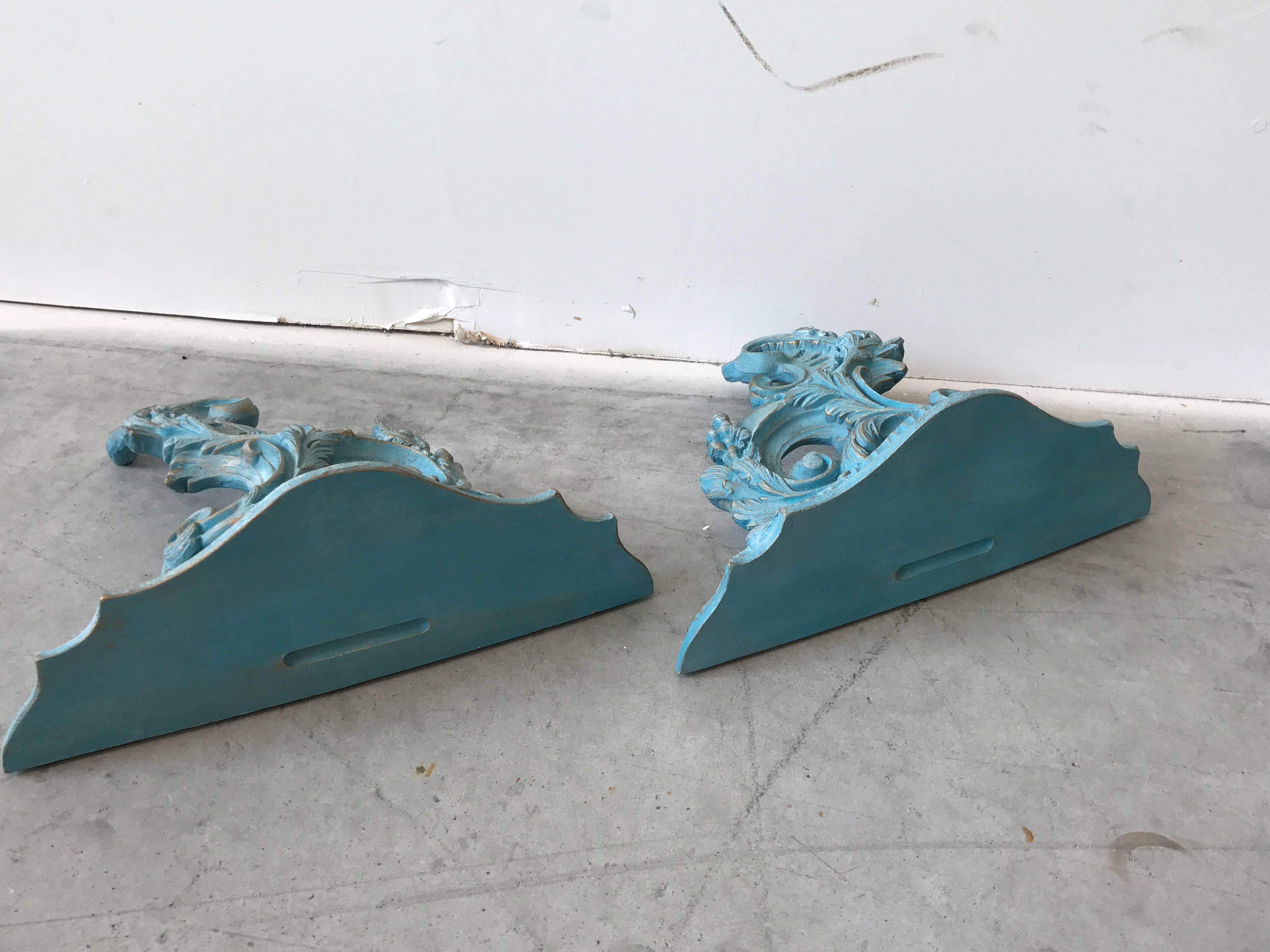 1980s Blue and Gold Rococo Style Wood Wall Shelves, Pair 2