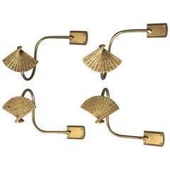 1960s Brass Chinoiserie Fan Curtain Tie Backs, Two Pairs