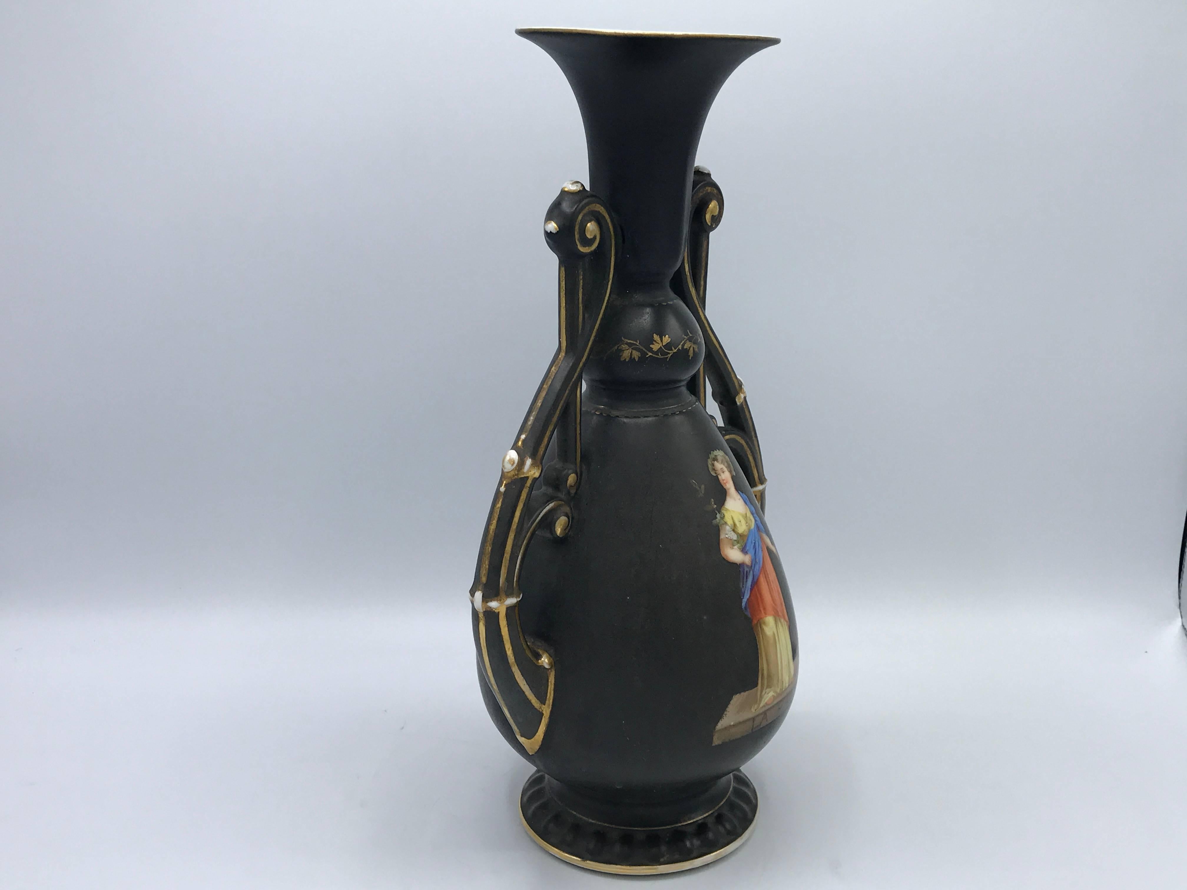 Porcelain 19th Century French Black and Gold Hand-Painted Vase with Handles