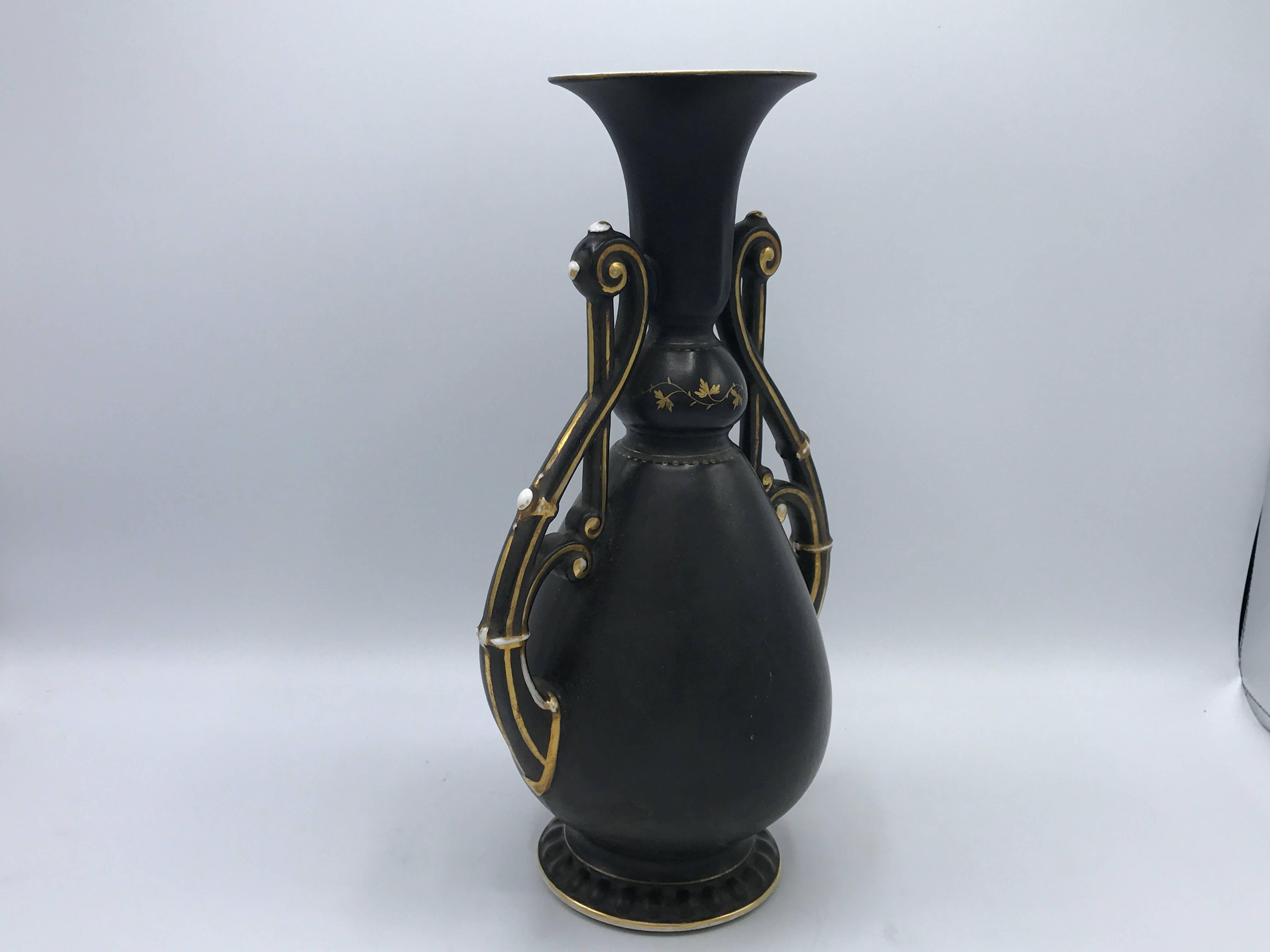 19th Century French Black and Gold Hand-Painted Vase with Handles 1