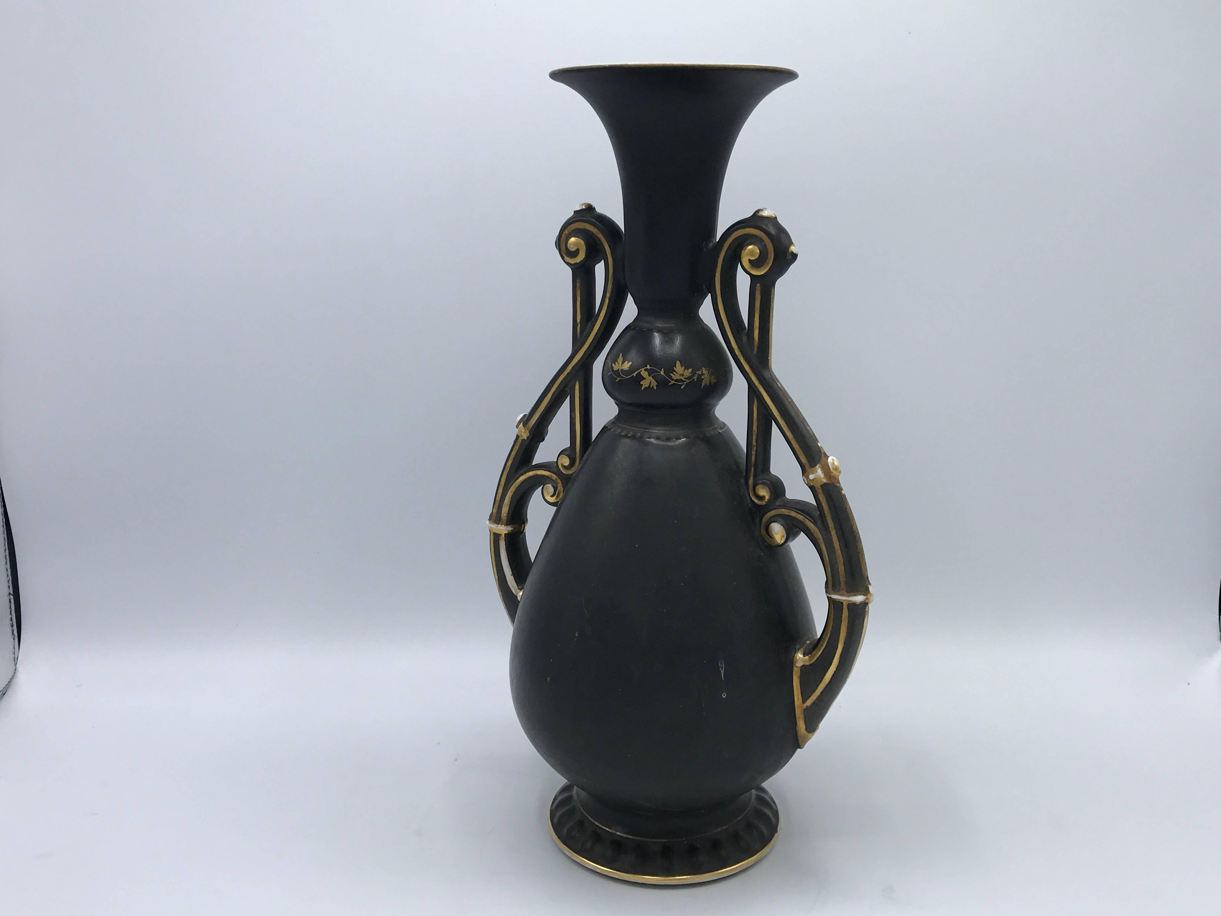 19th Century French Black and Gold Hand-Painted Vase with Handles 2