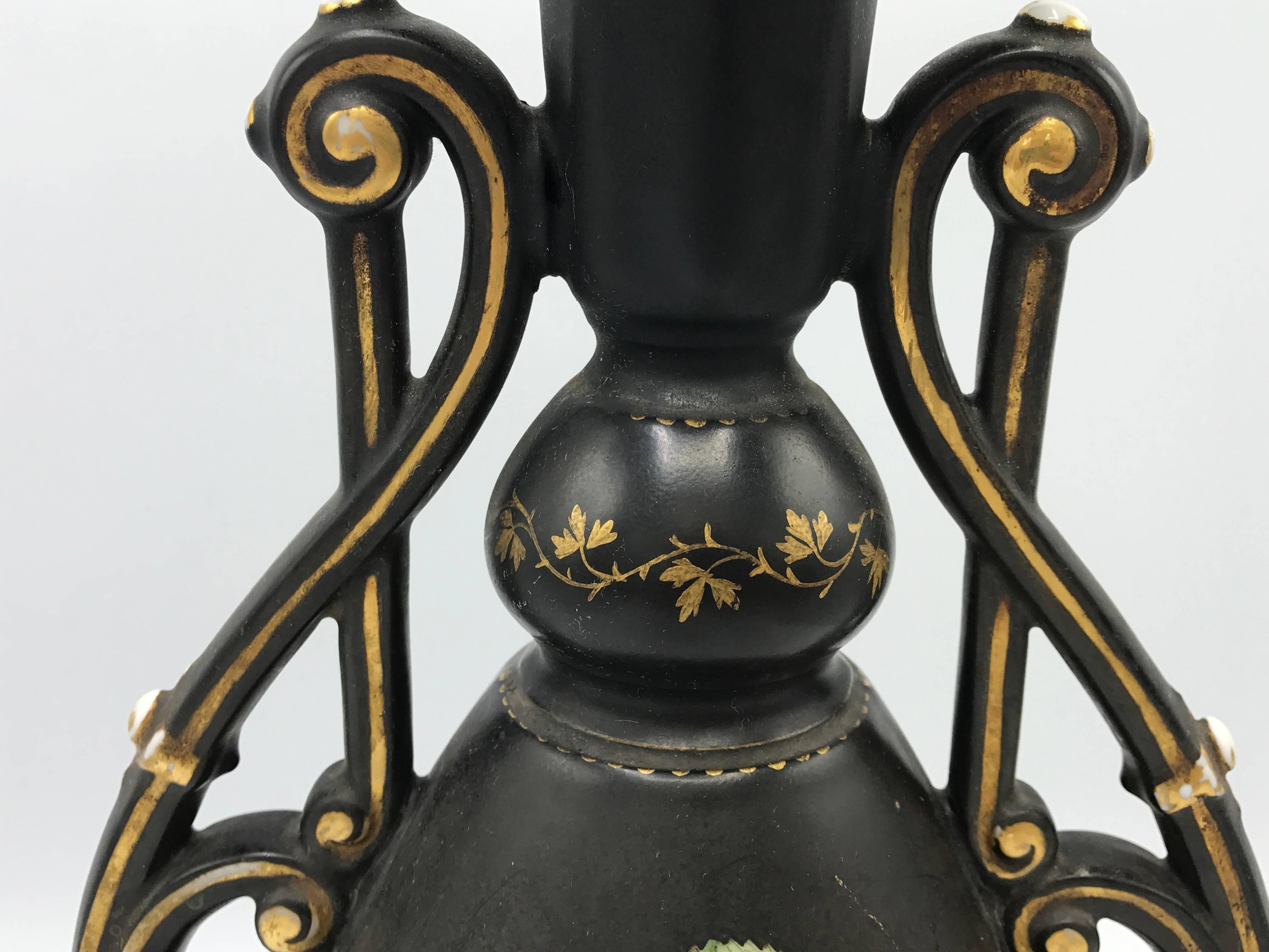 French Provincial 19th Century French Black and Gold Hand-Painted Vase with Handles