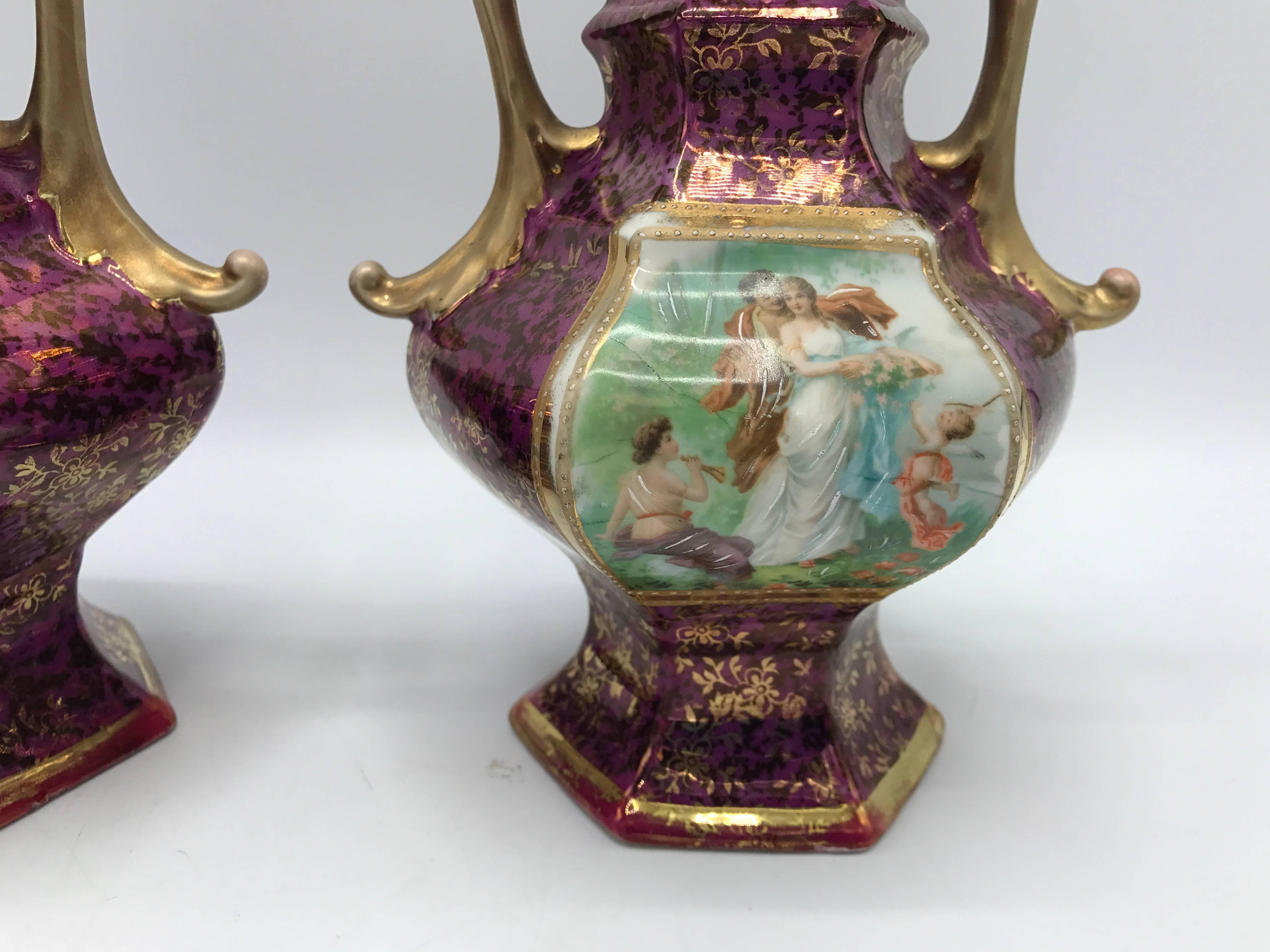 Porcelain 19th Century French Hand-Painted Pink and Gold Vases with Handles, Pair
