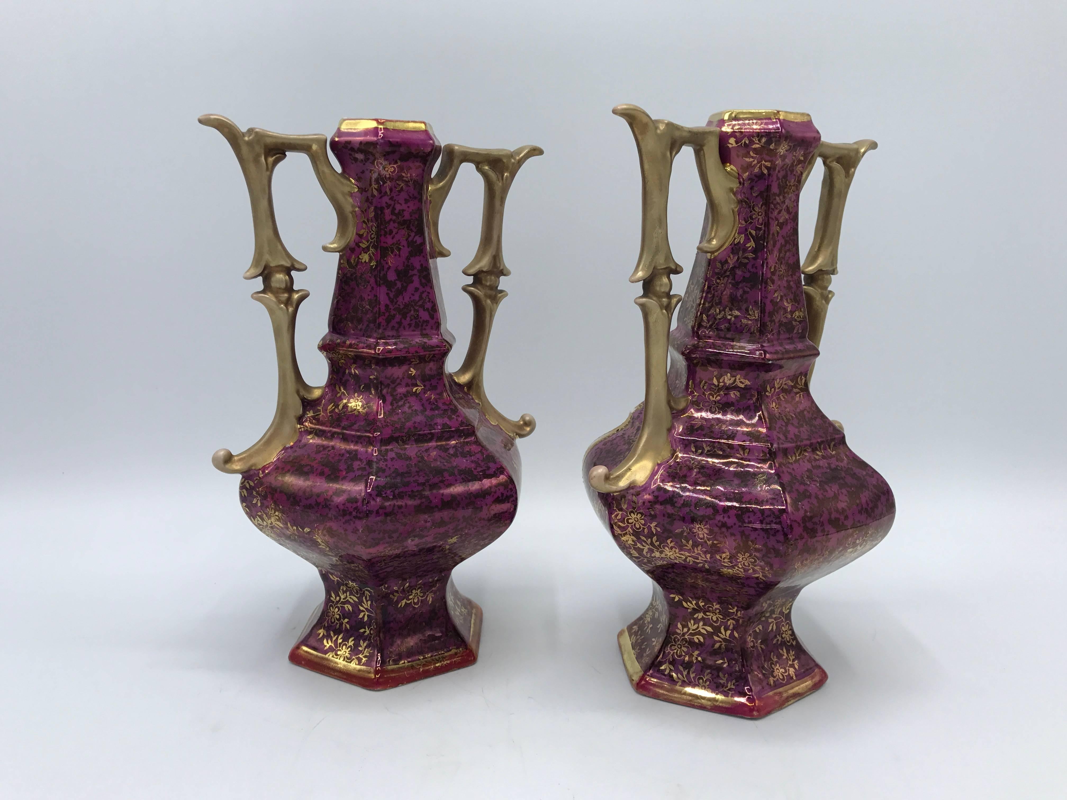 19th Century French Hand-Painted Pink and Gold Vases with Handles, Pair 2