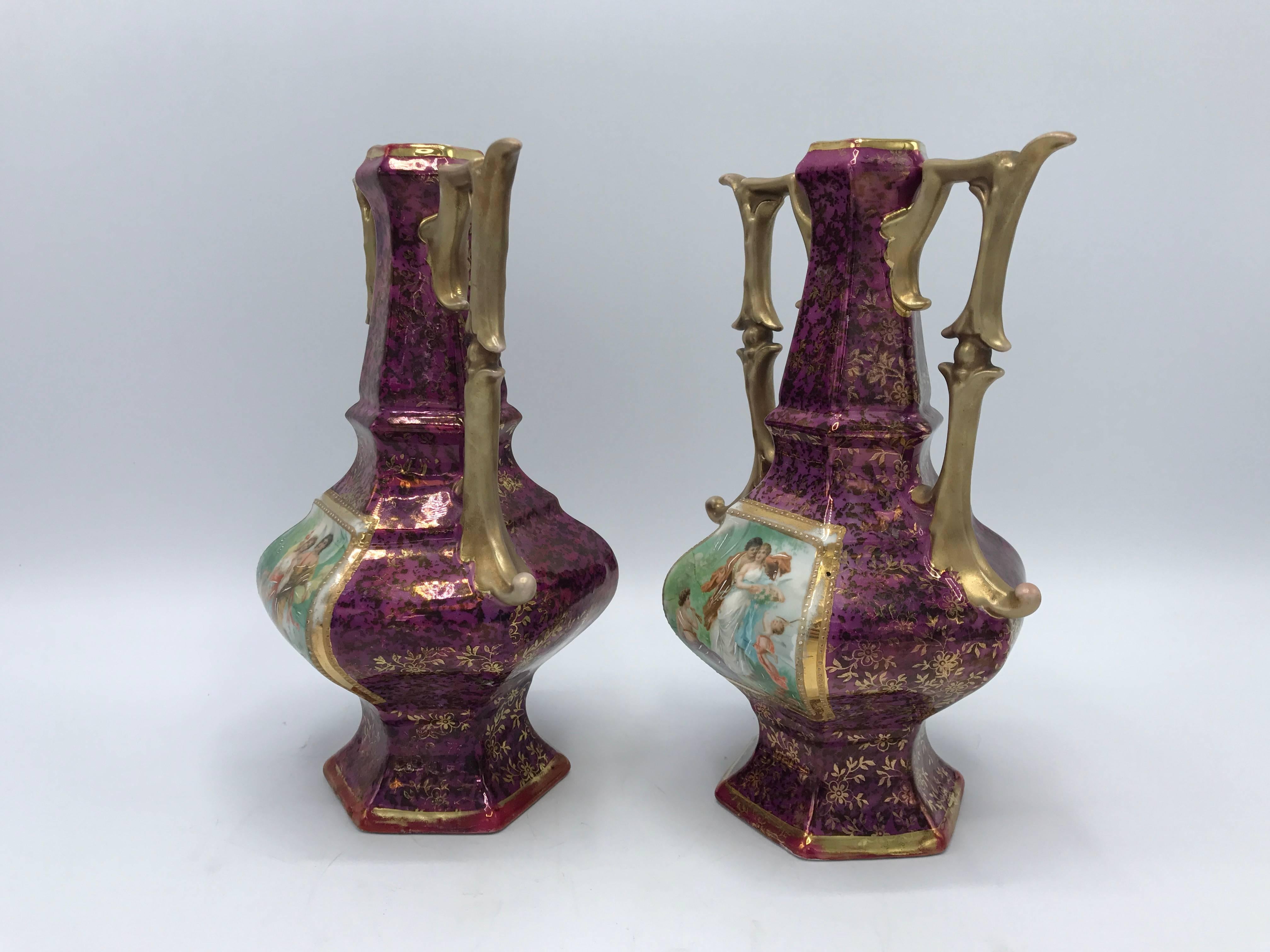 19th Century French Hand-Painted Pink and Gold Vases with Handles, Pair 3