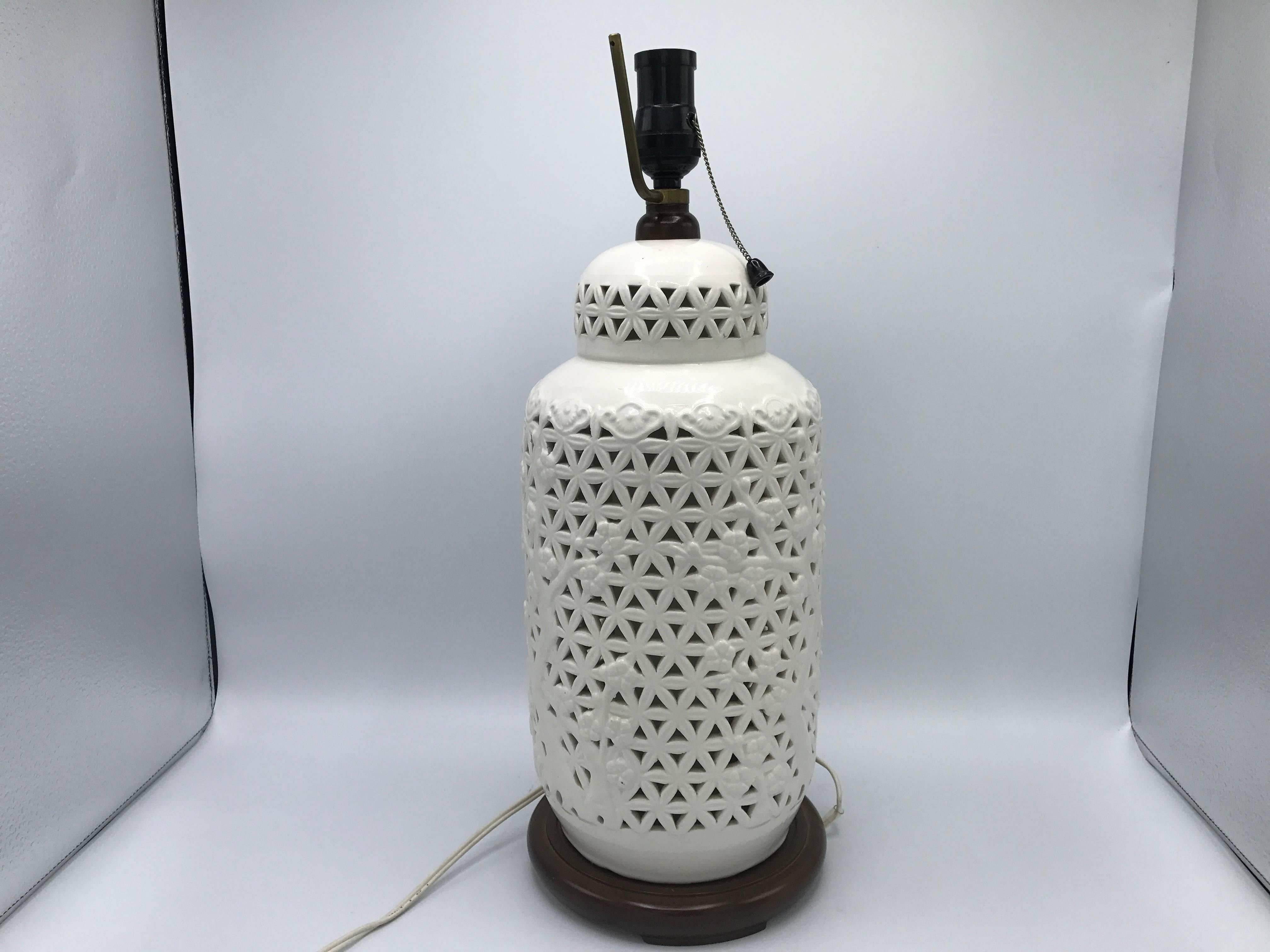 20th Century 1960s Blanc de Chine Lamp with Pierced Cherry Blossom Motif For Sale