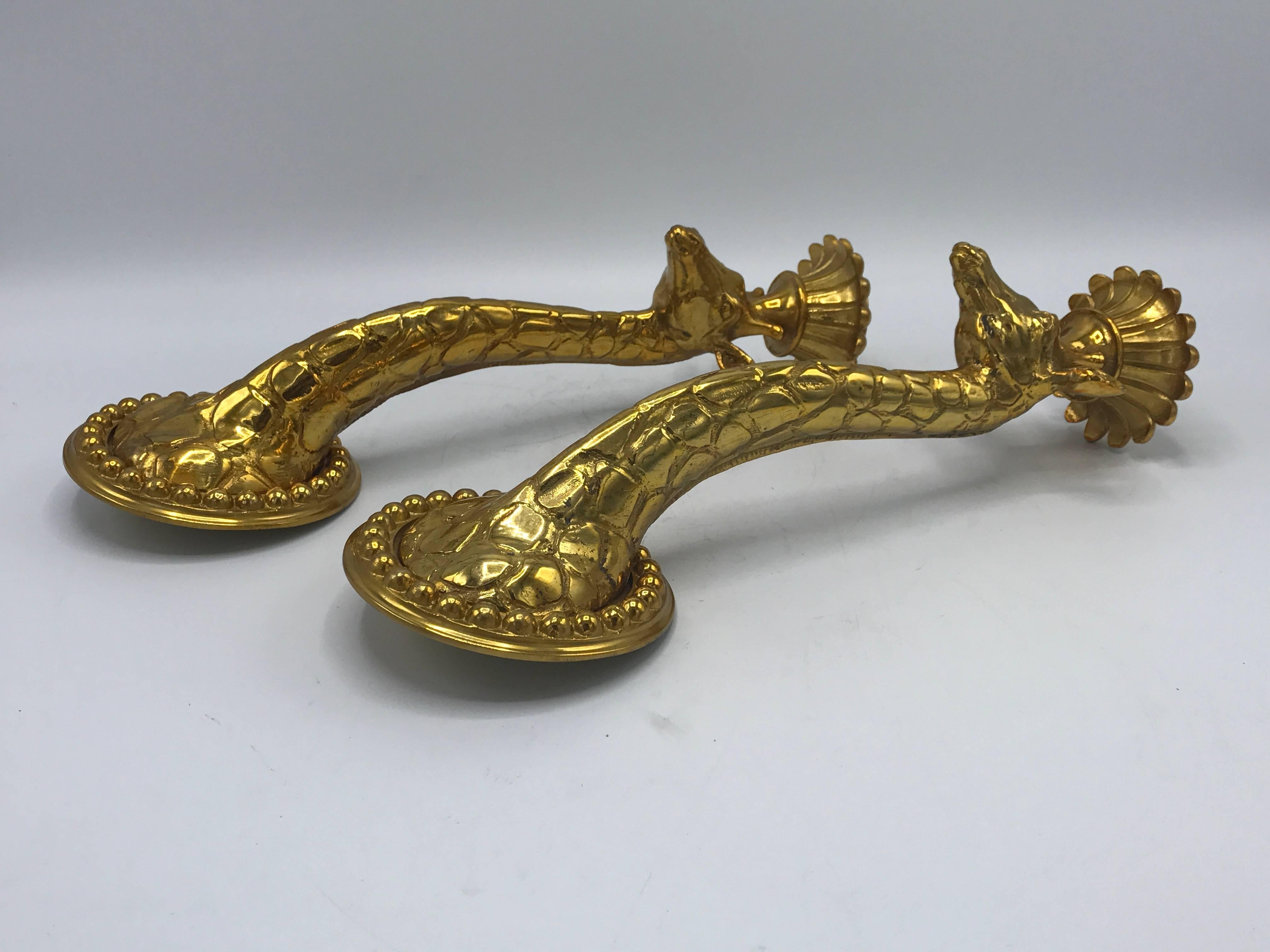 20th Century 1970s Italian Gold-Plated Brass Giraffe Candlestick Sconces, Pair