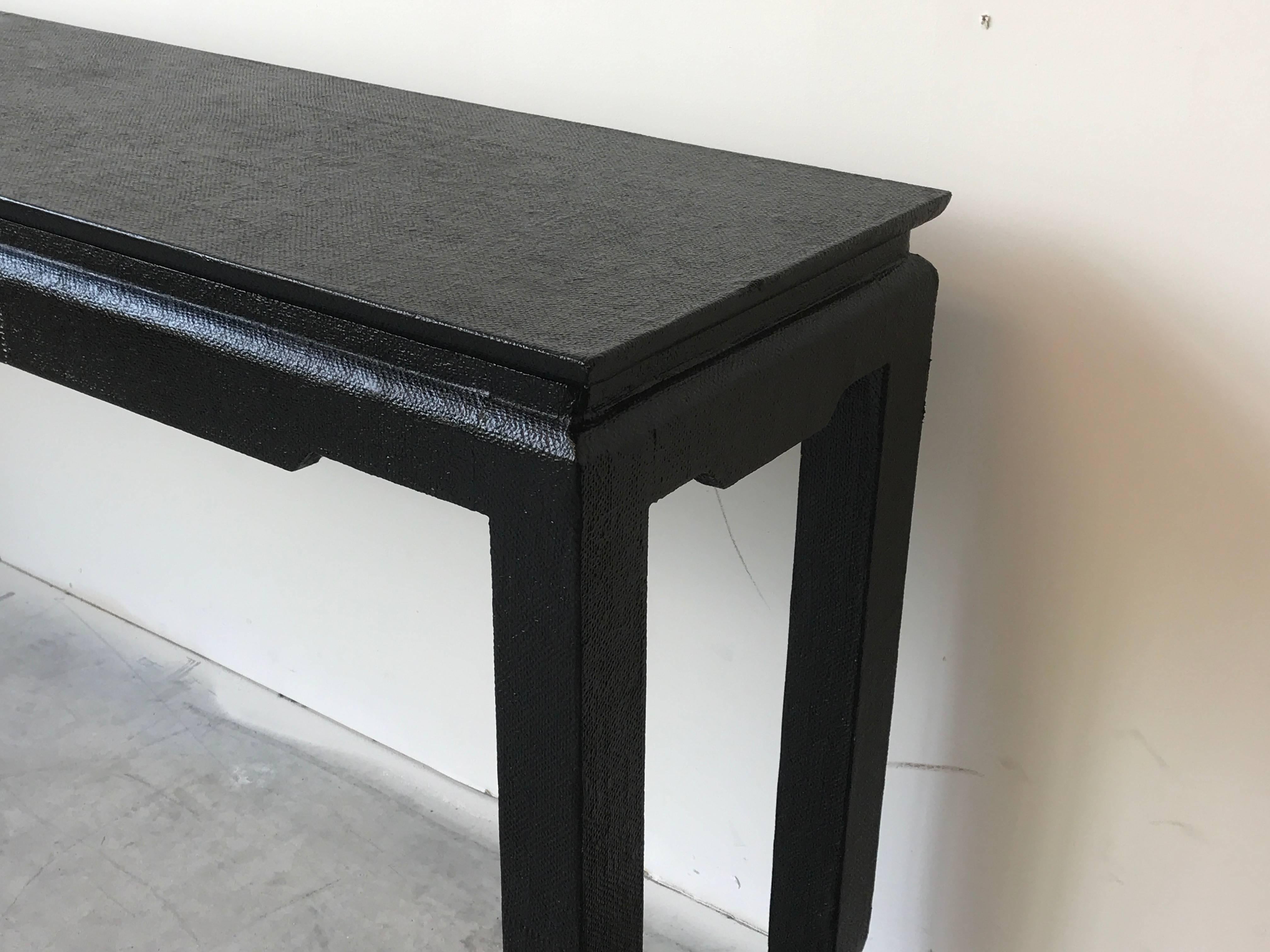 20th Century 1970s Black Grasscloth Lacquered Ming Style Console Table