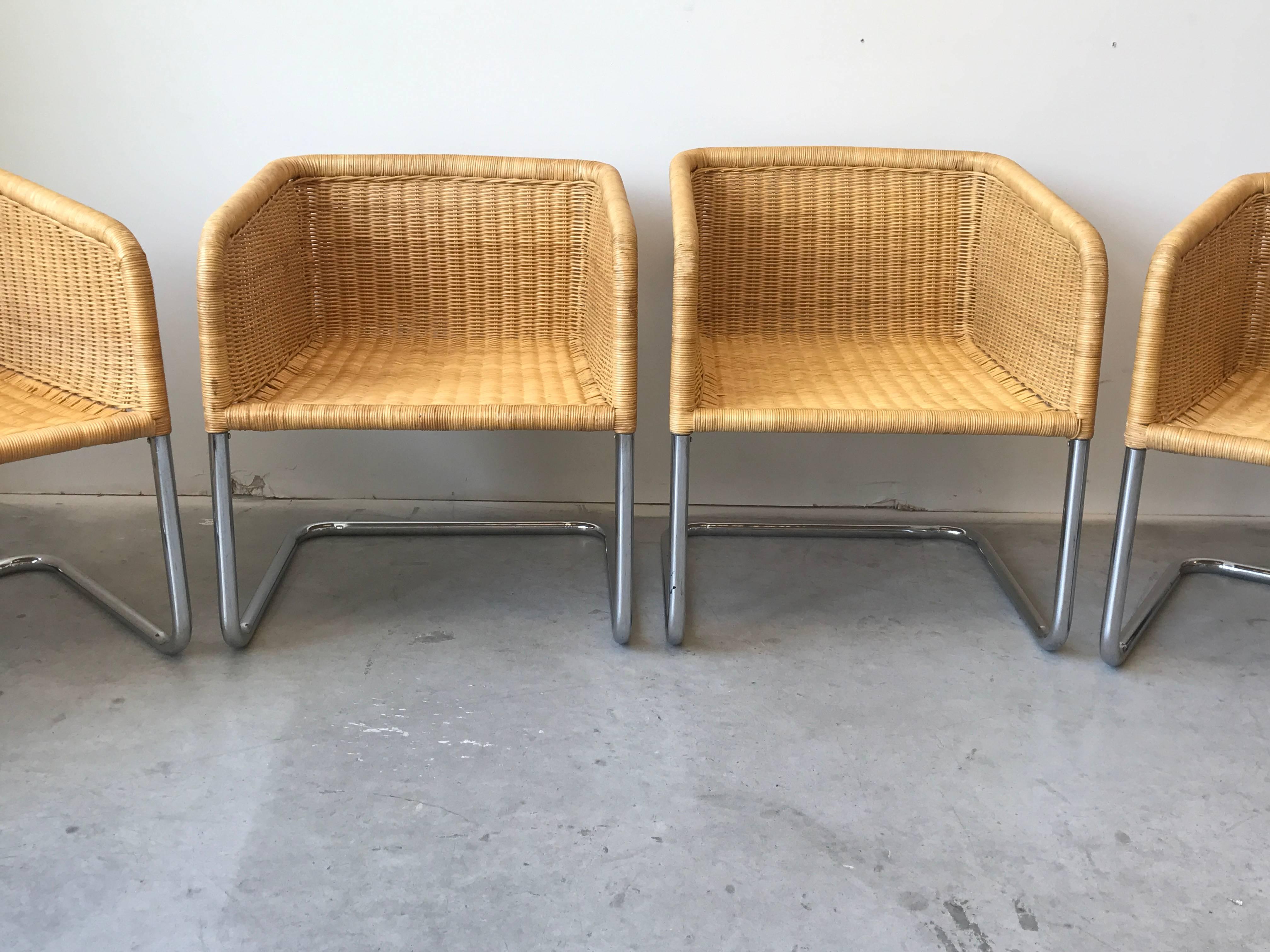 Mid-Century Modern Fabricius & Kastholm Style Wicker and Chrome Cantilever Chairs, Set of Four