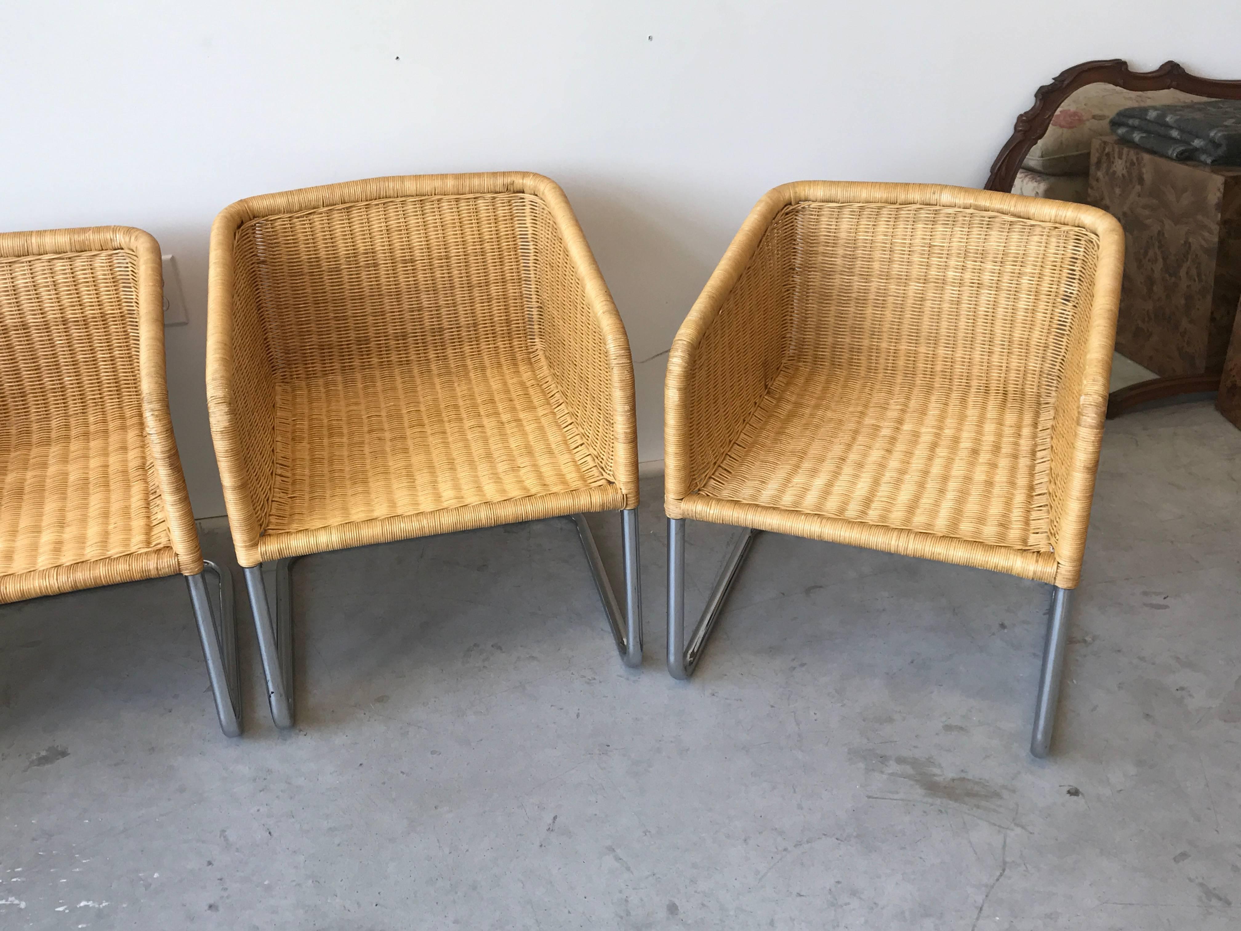 Fabricius & Kastholm Style Wicker and Chrome Cantilever Chairs, Set of Four In Good Condition In Richmond, VA