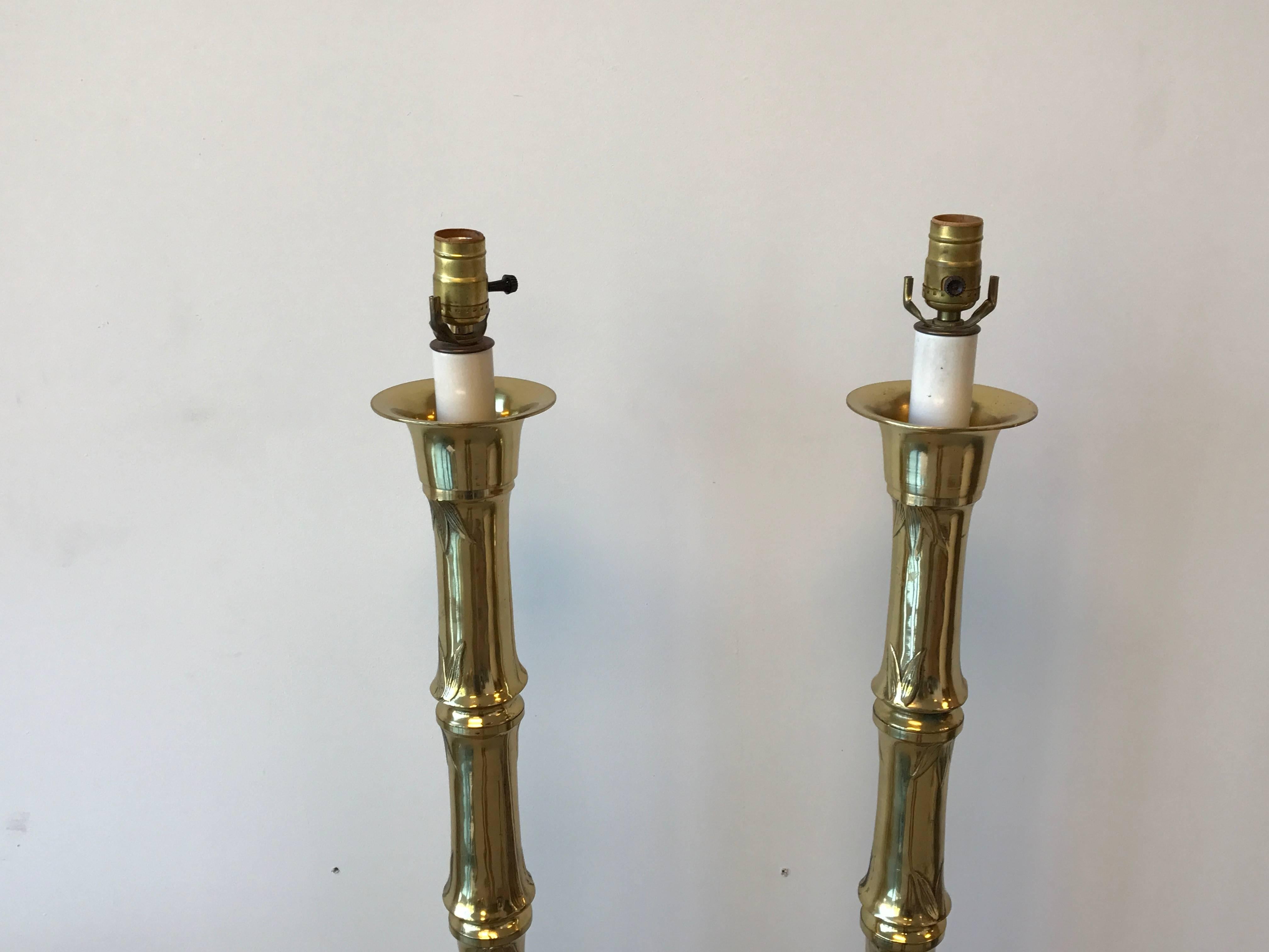 Chinoiserie 1970s Brass Faux Bamboo Floor Lamps, Pair