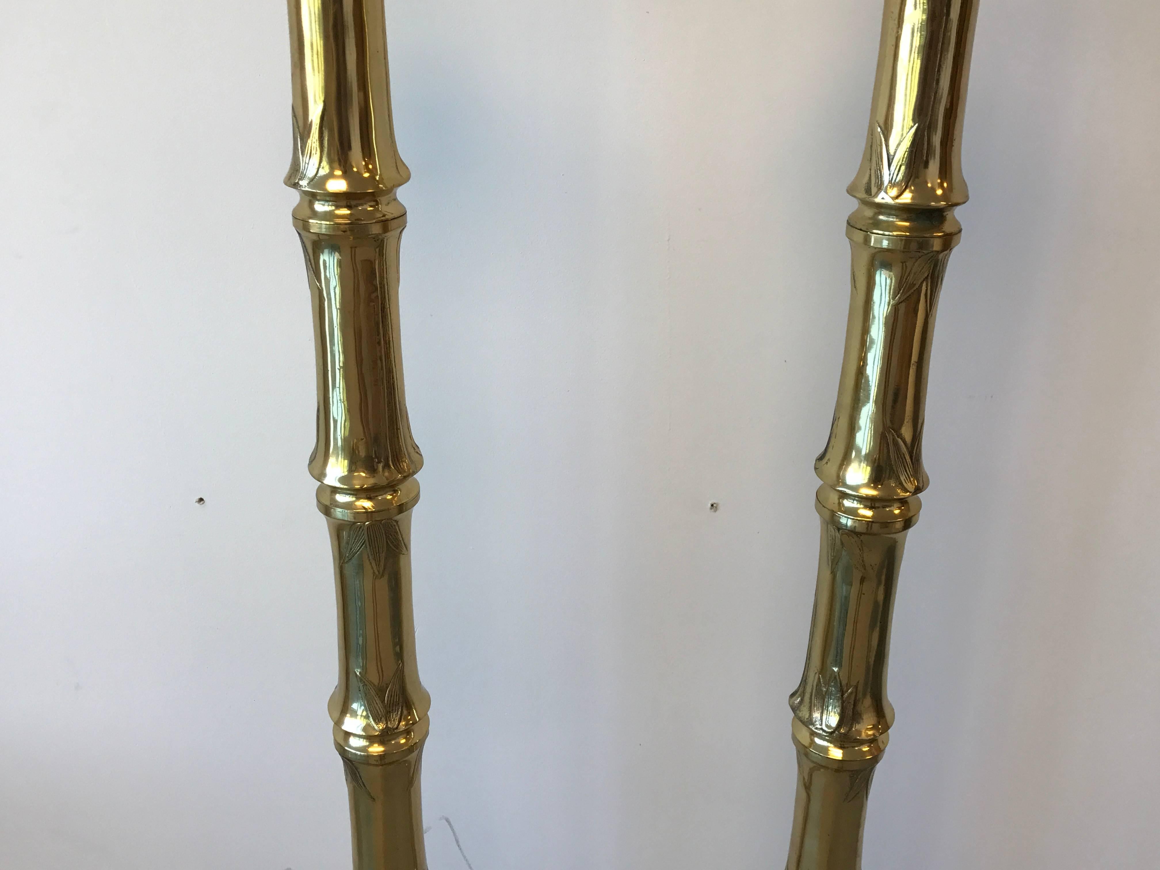 1970s Brass Faux Bamboo Floor Lamps, Pair In Excellent Condition In Richmond, VA