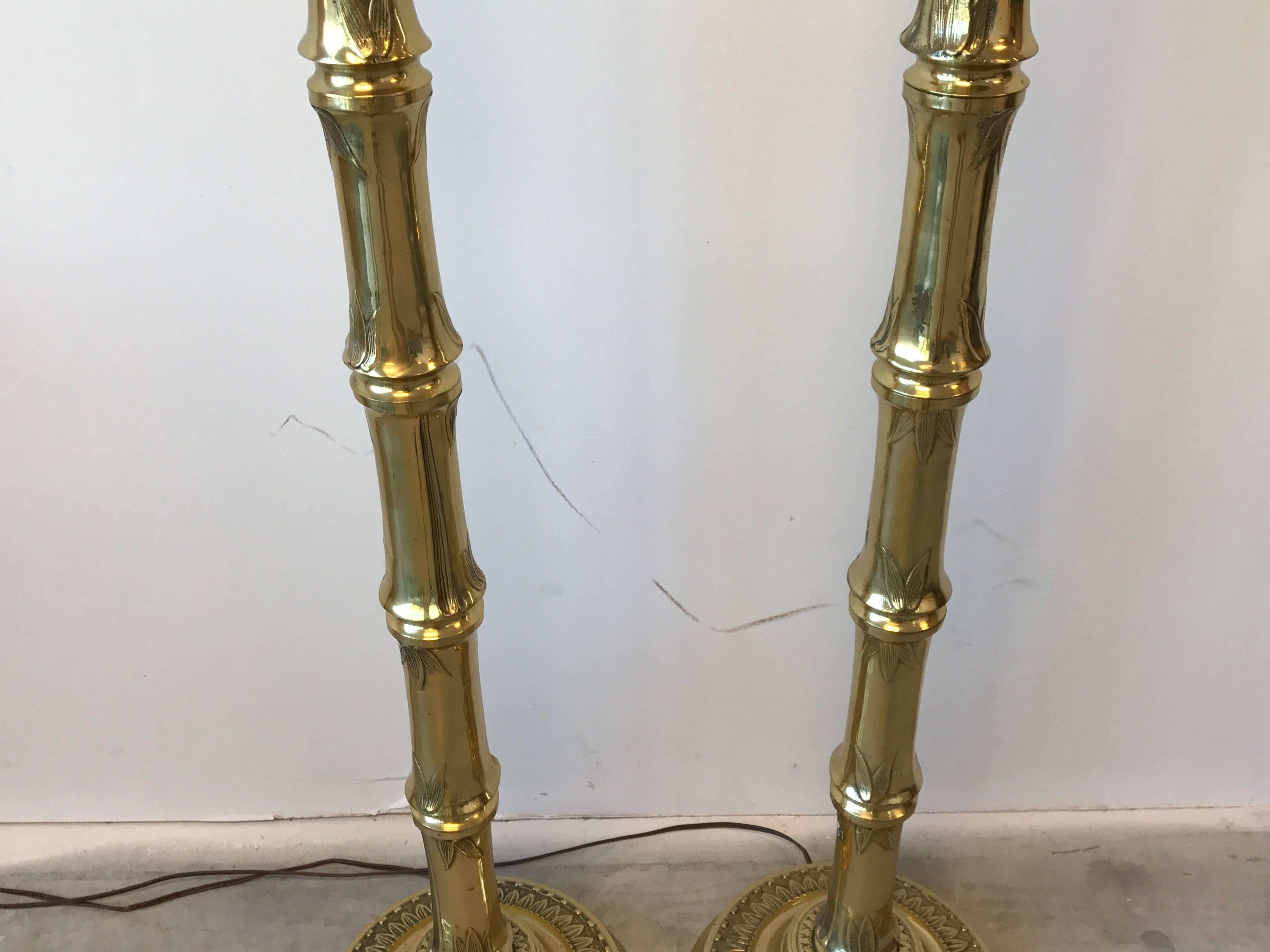 20th Century 1970s Brass Faux Bamboo Floor Lamps, Pair